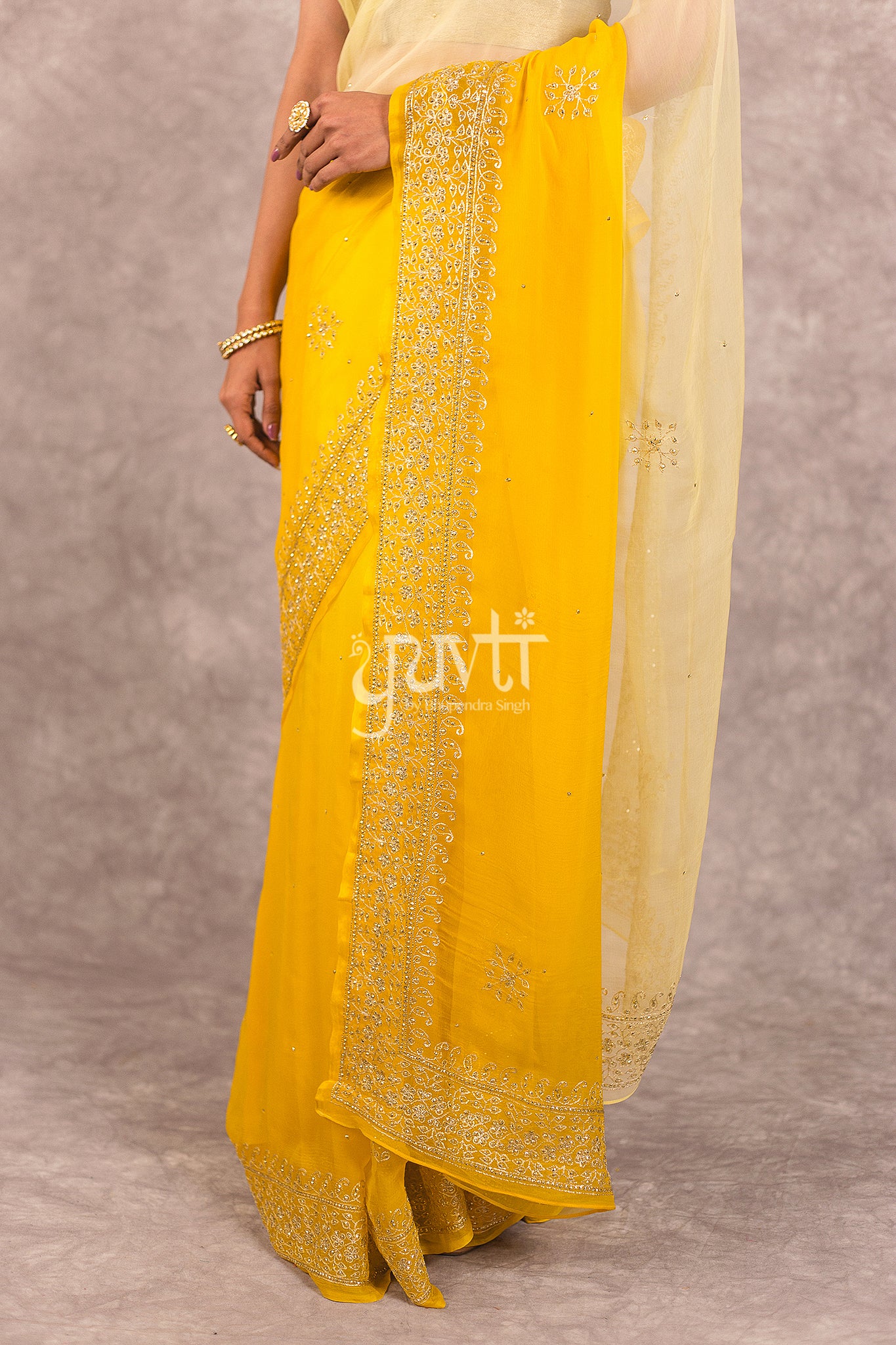 Yellow Viscose Chiffon Aari Katori Work Saree