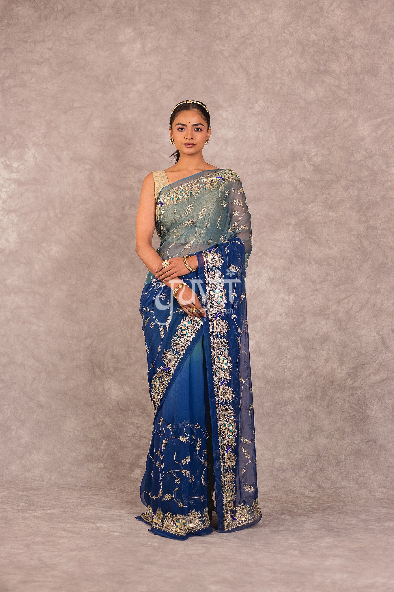 Blue Shaded Viscose Chiffon Zari Work Saree