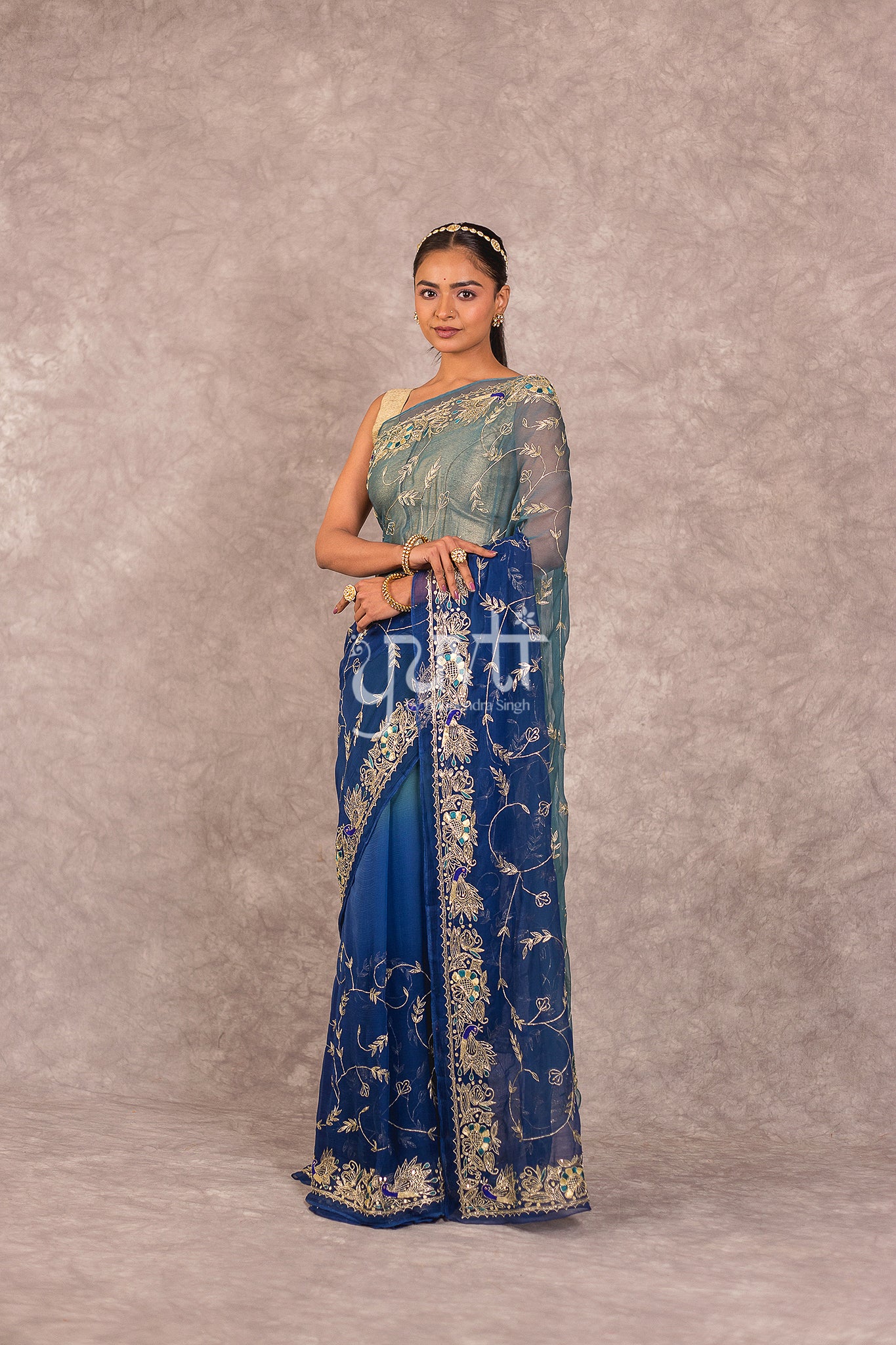 Blue Shaded Viscose Chiffon Zari Work Saree