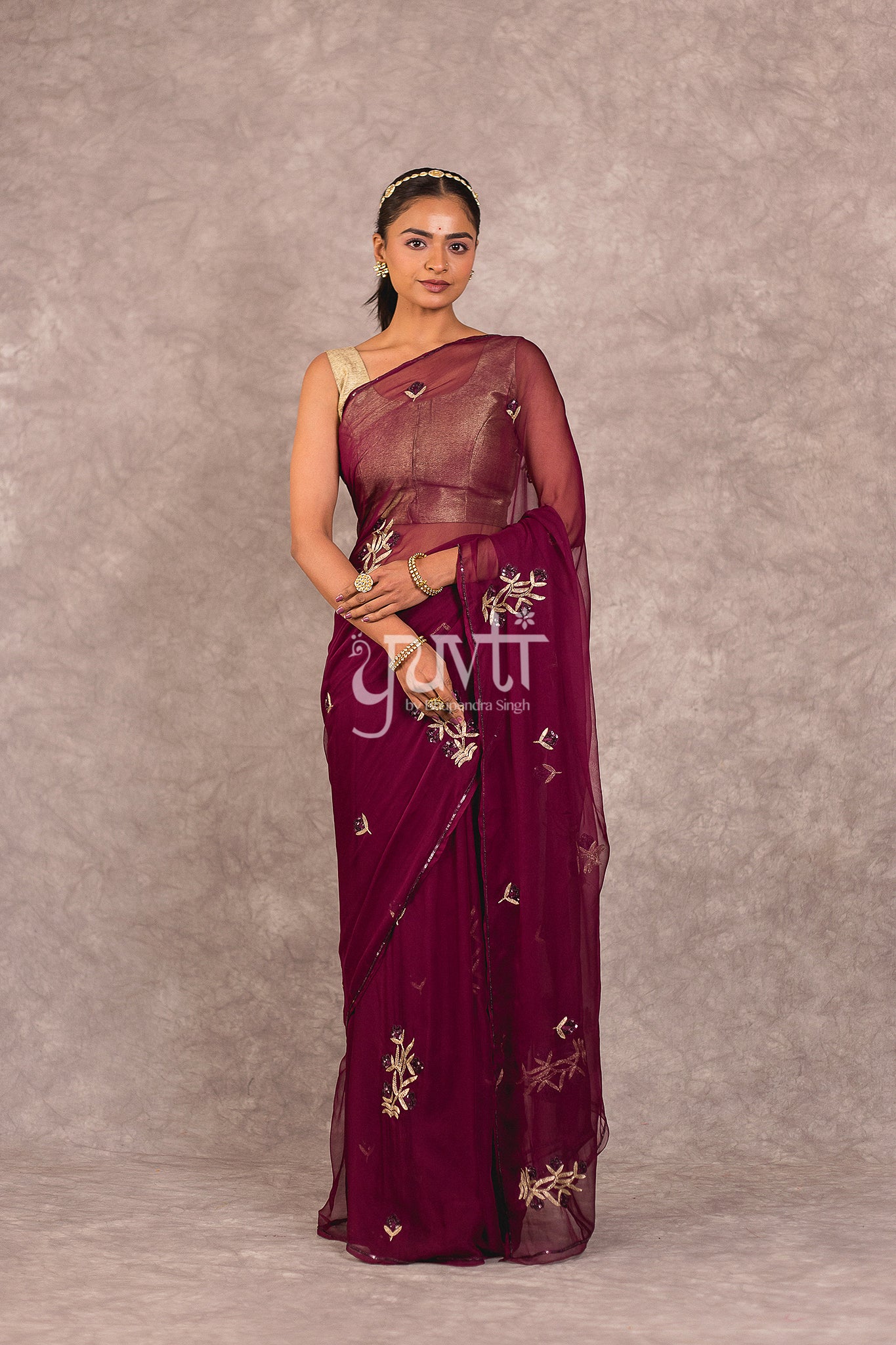Wine Viscose Chiffon Aari Sequins Work Saree