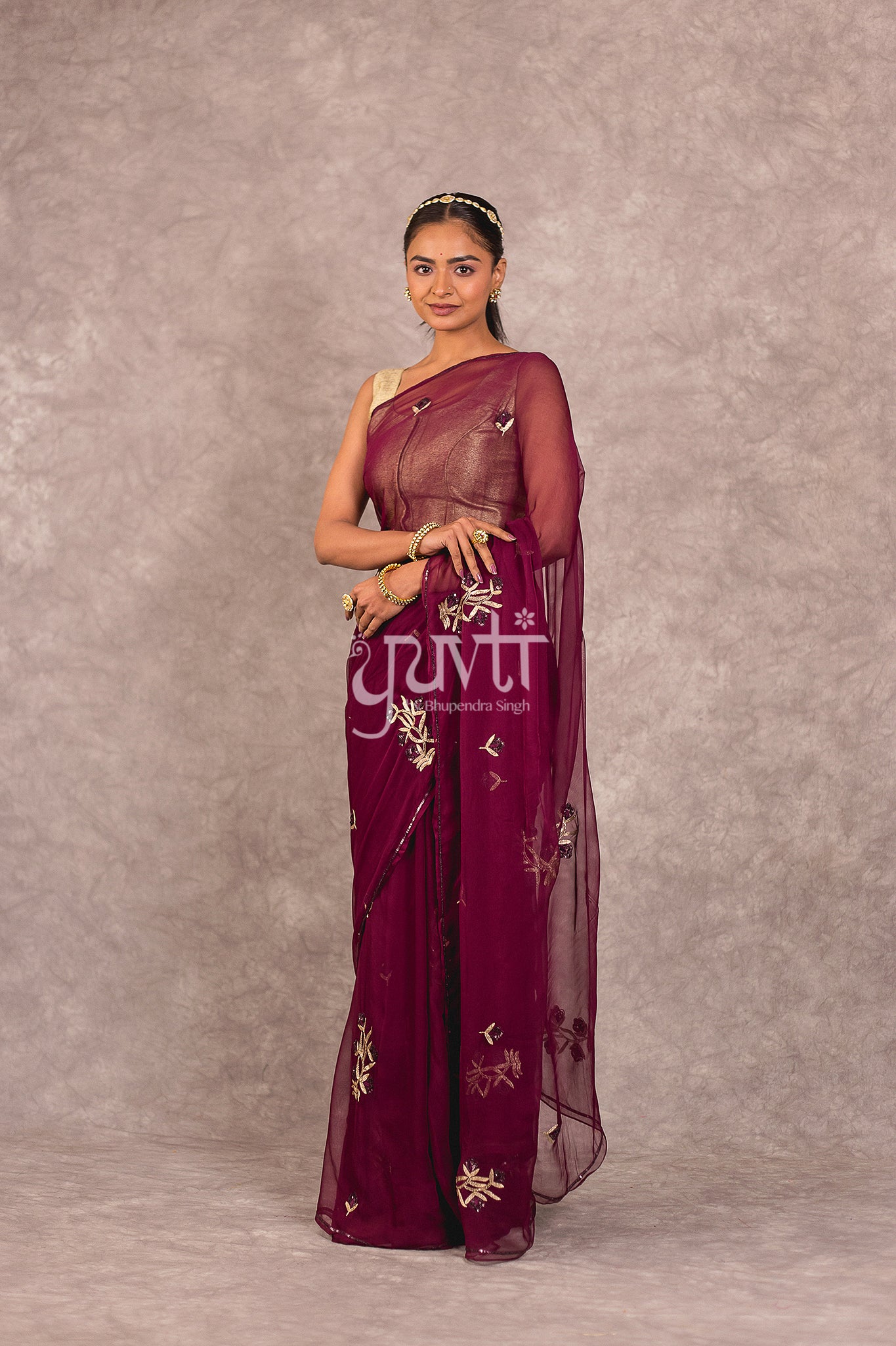 Wine Viscose Chiffon Aari Sequins Work Saree