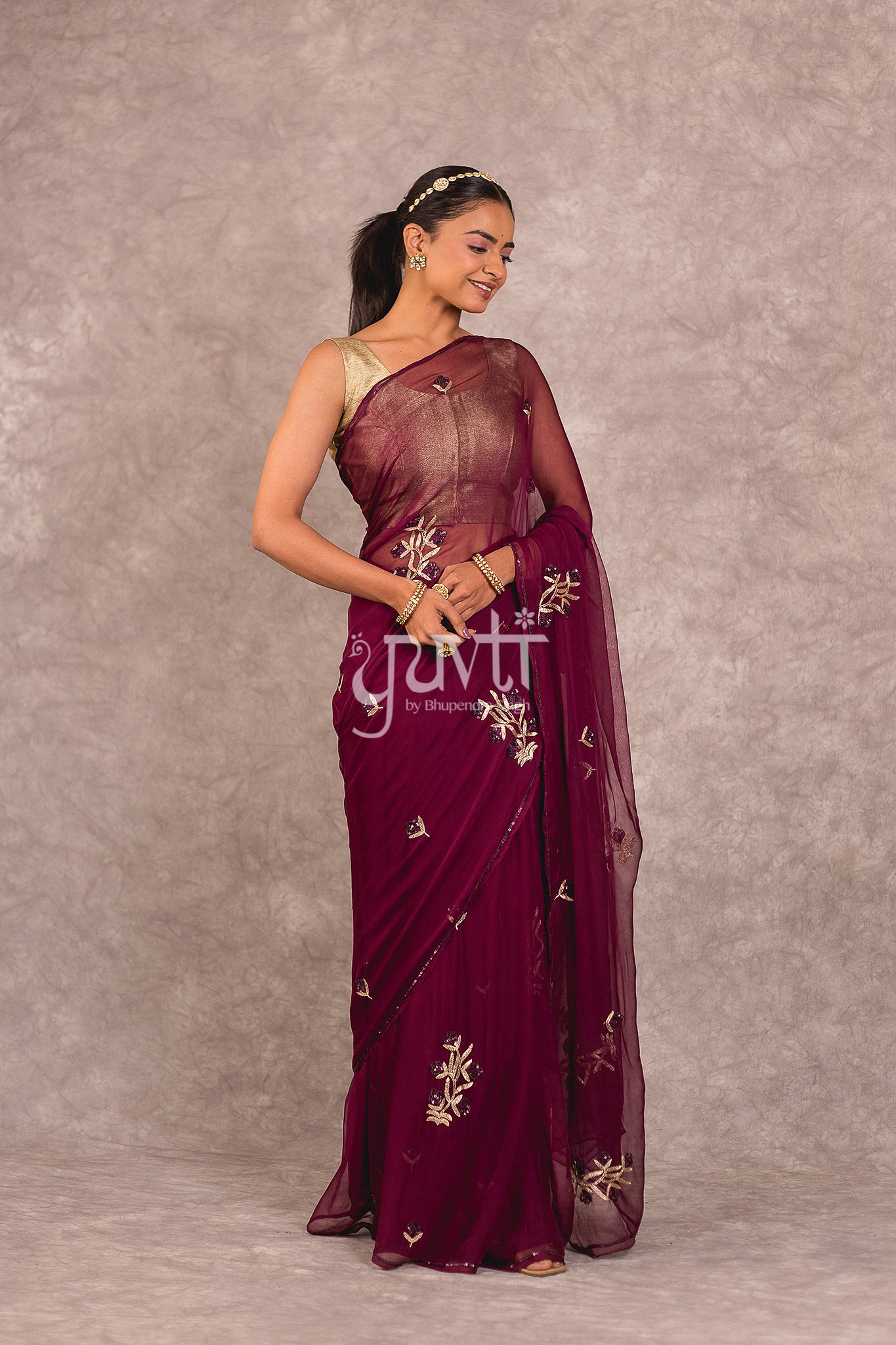 Wine Viscose Chiffon Aari Sequins Work Saree