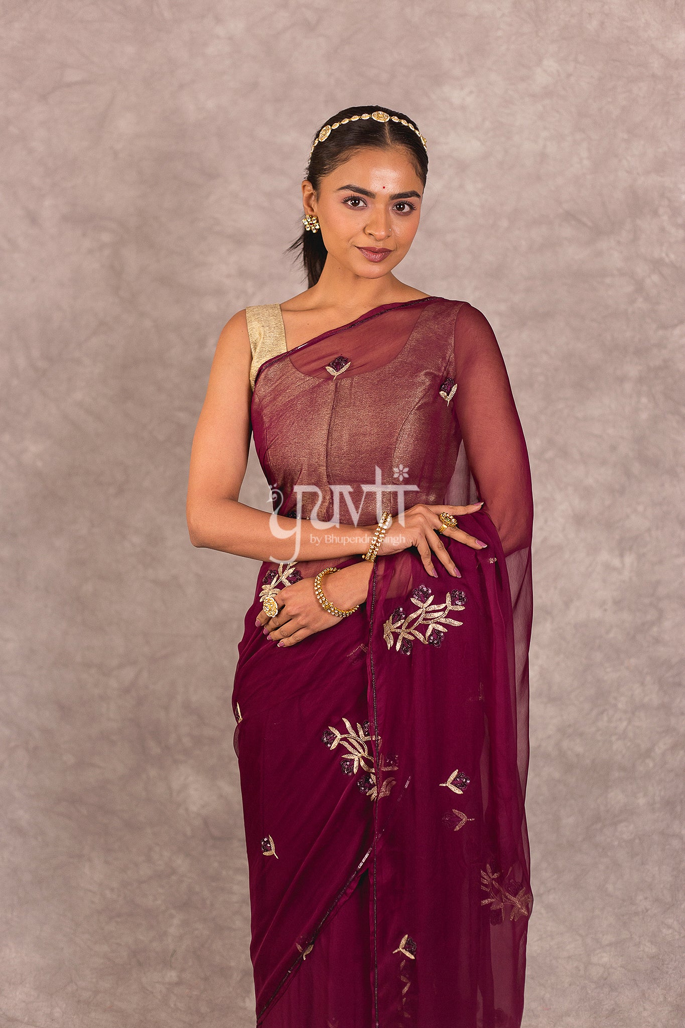 Wine Viscose Chiffon Aari Sequins Work Saree