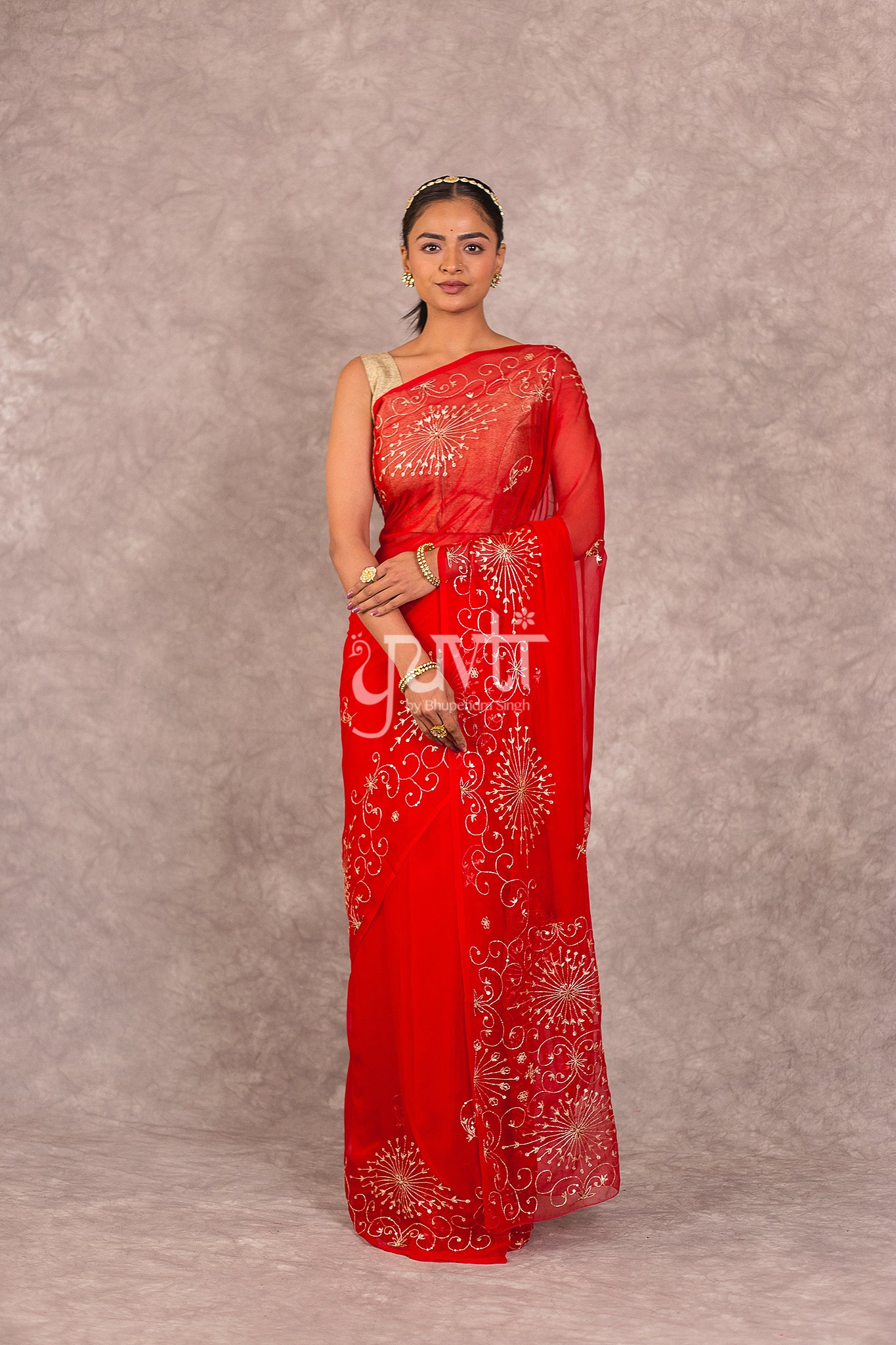 Red Viscose Chiffon Aari Resham Work Saree