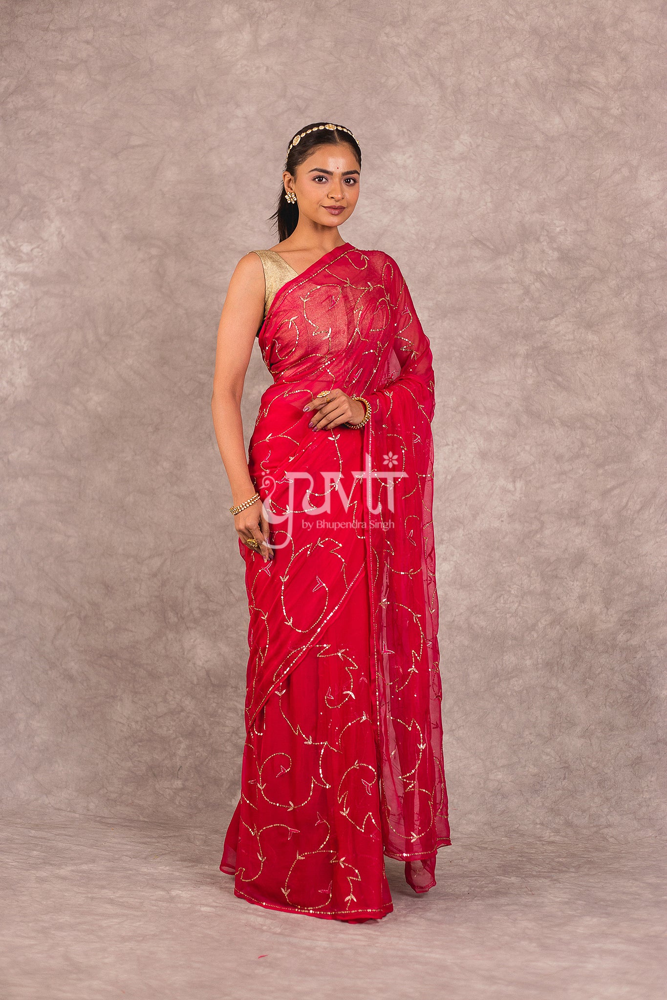 Dark Pink Viscose Chiffon Aari Sequins Work Saree