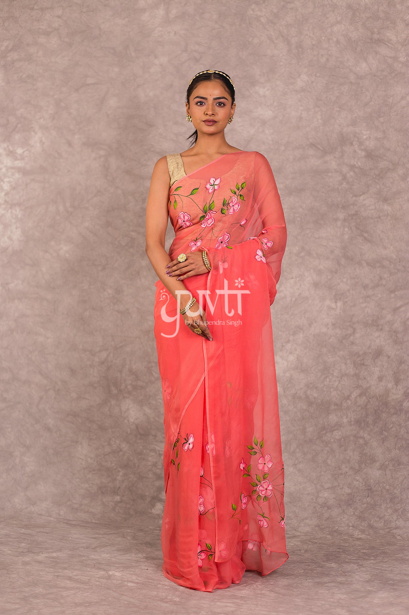 Peach Viscose Chiffon Hand Paint Work Saree