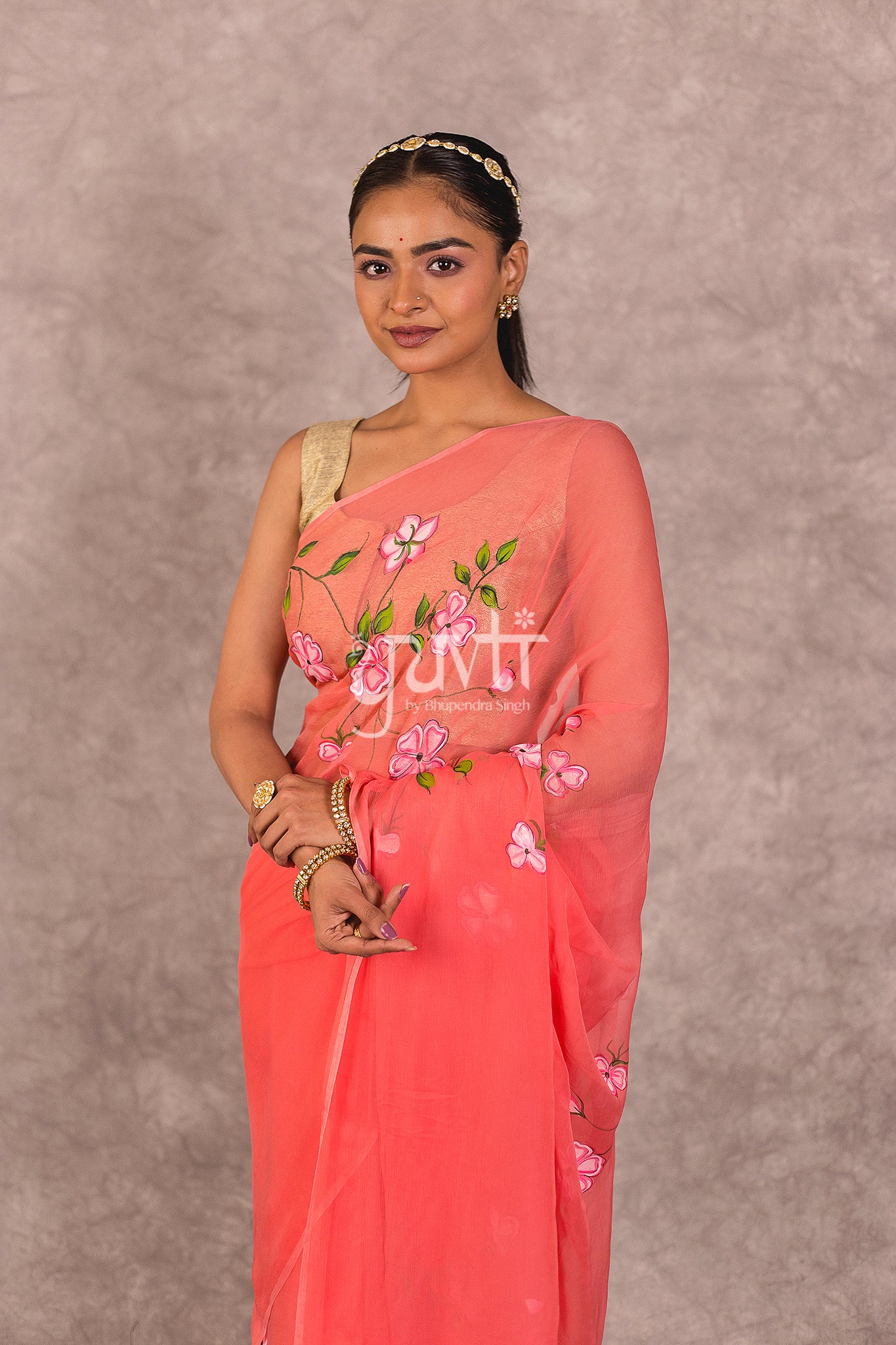 Peach Viscose Chiffon Hand Paint Work Saree