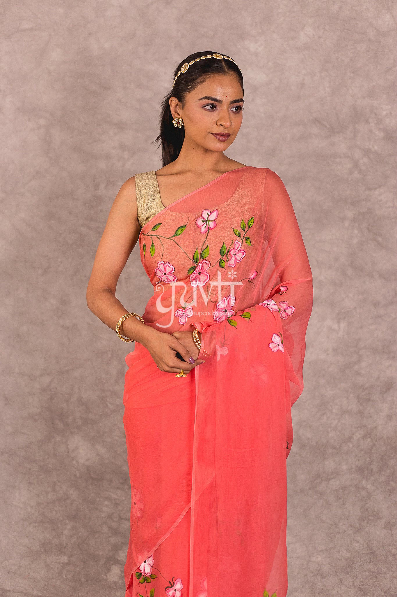 Peach Viscose Chiffon Hand Paint Work Saree