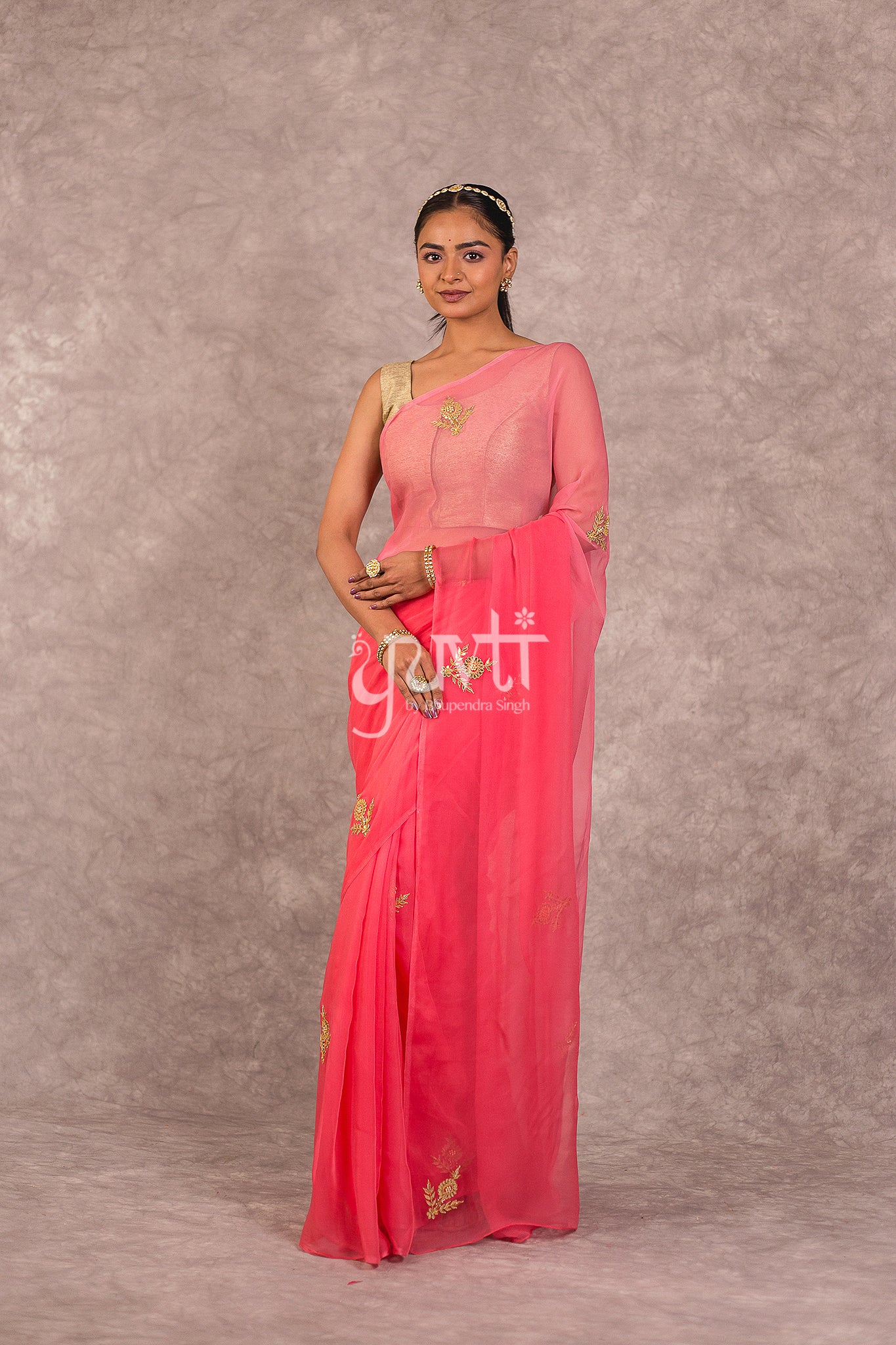 Pink Viscose Chiffon Dori Gotapatti Work Saree