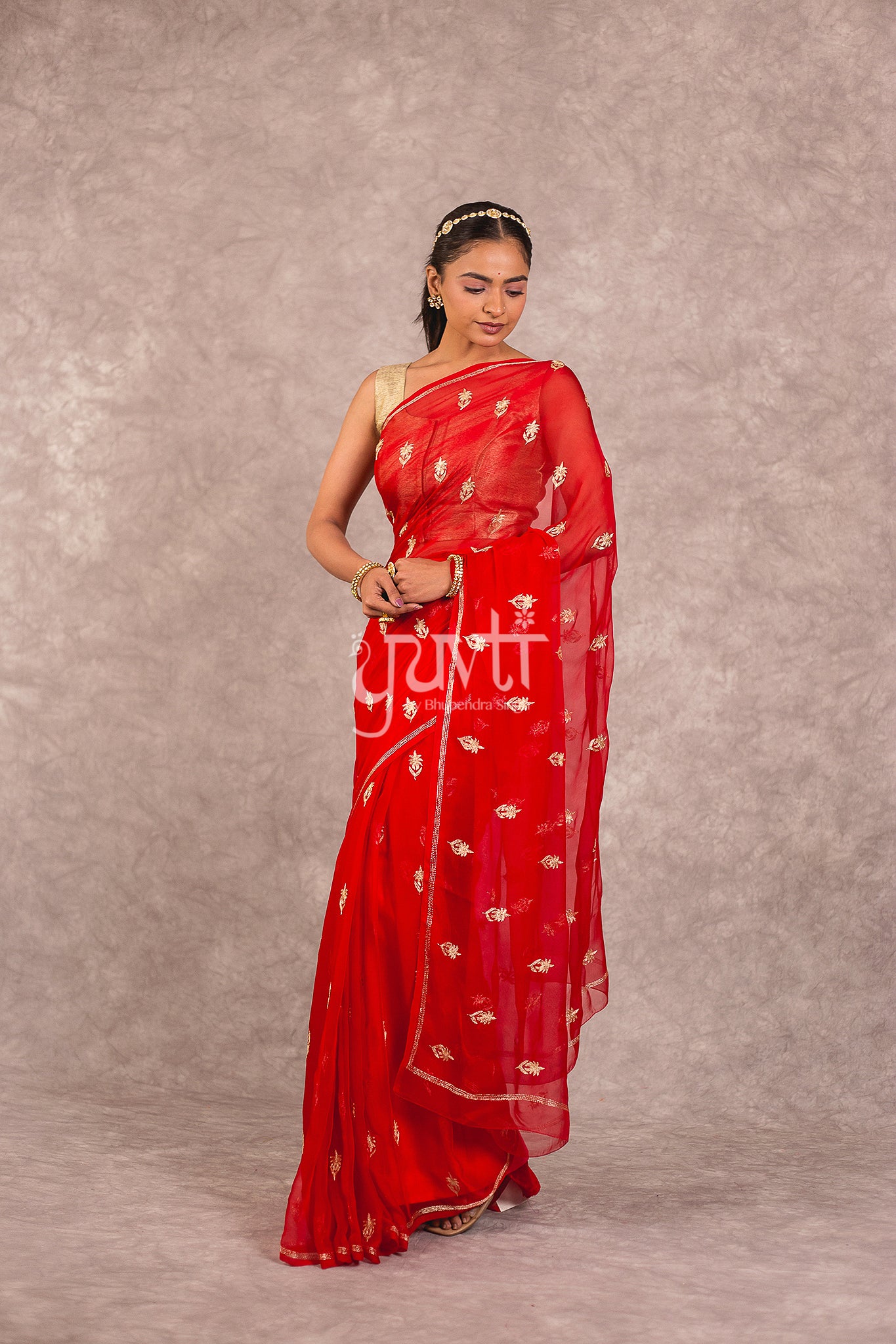 Red Viscose Chiffon Aari Work Saree
