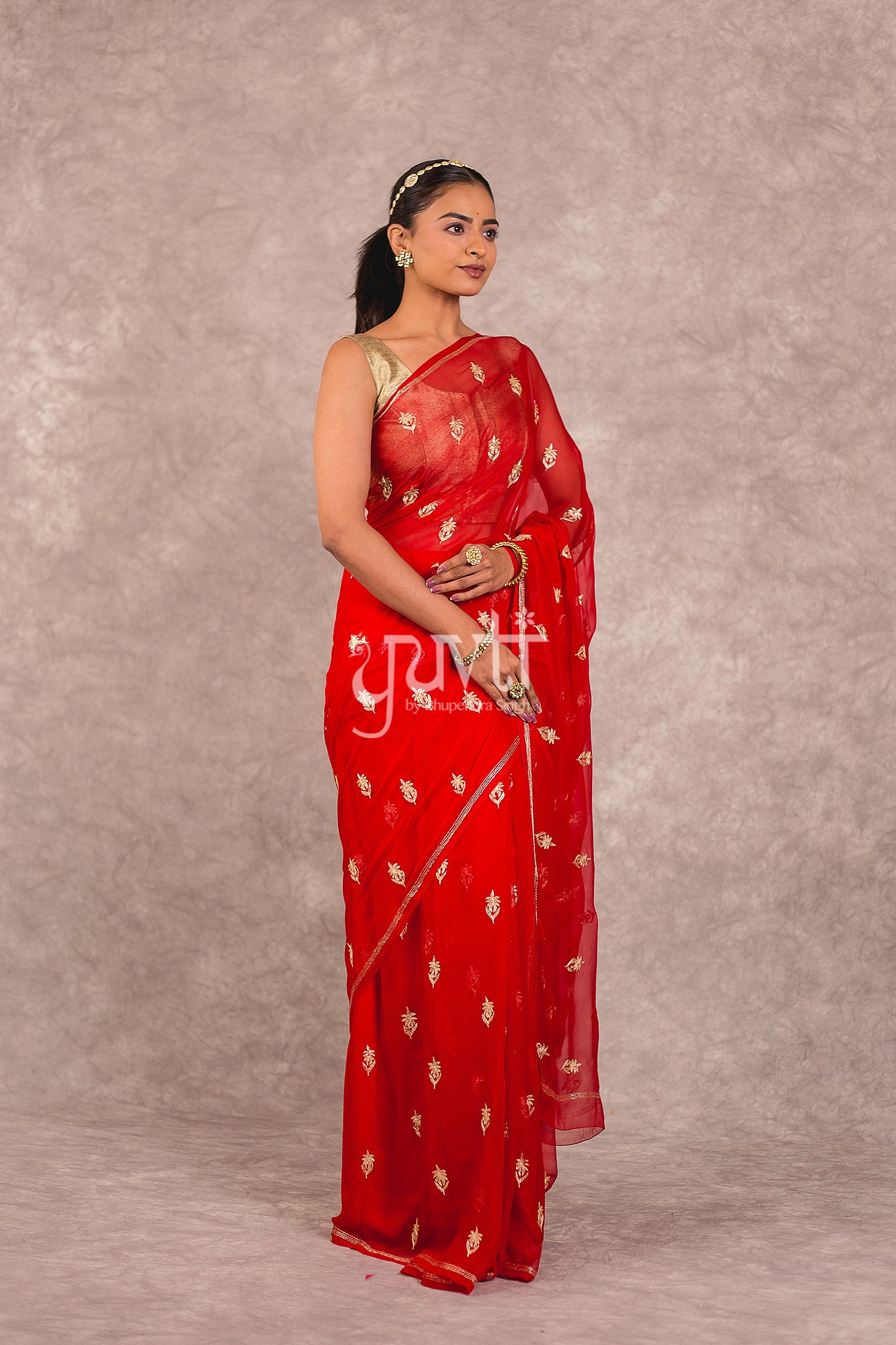 Red Viscose Chiffon Aari Work Saree