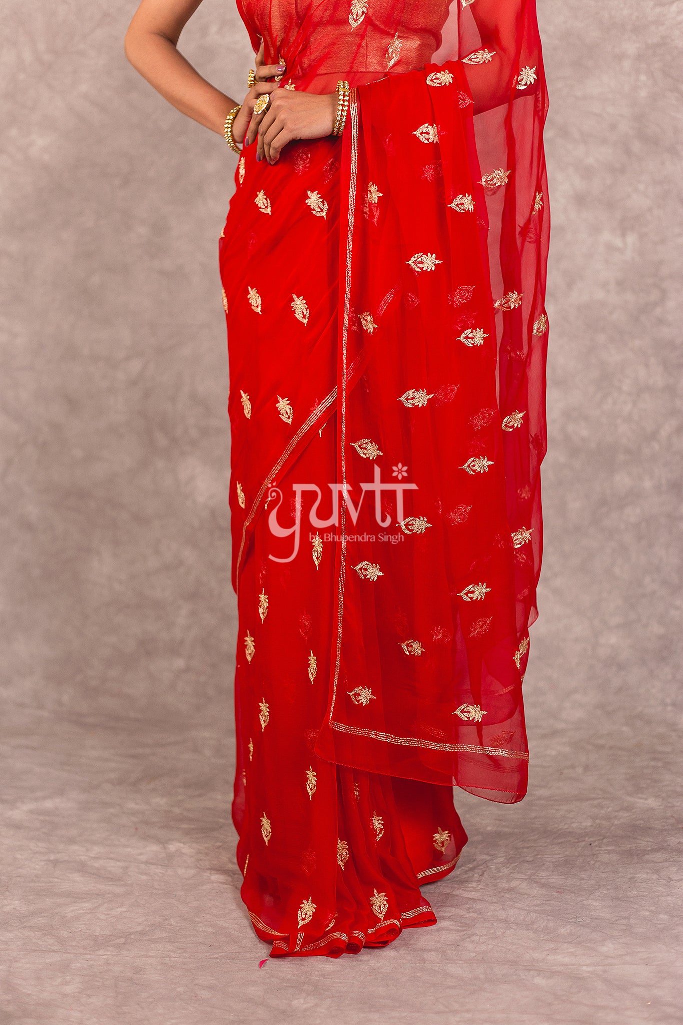 Red Viscose Chiffon Aari Work Saree