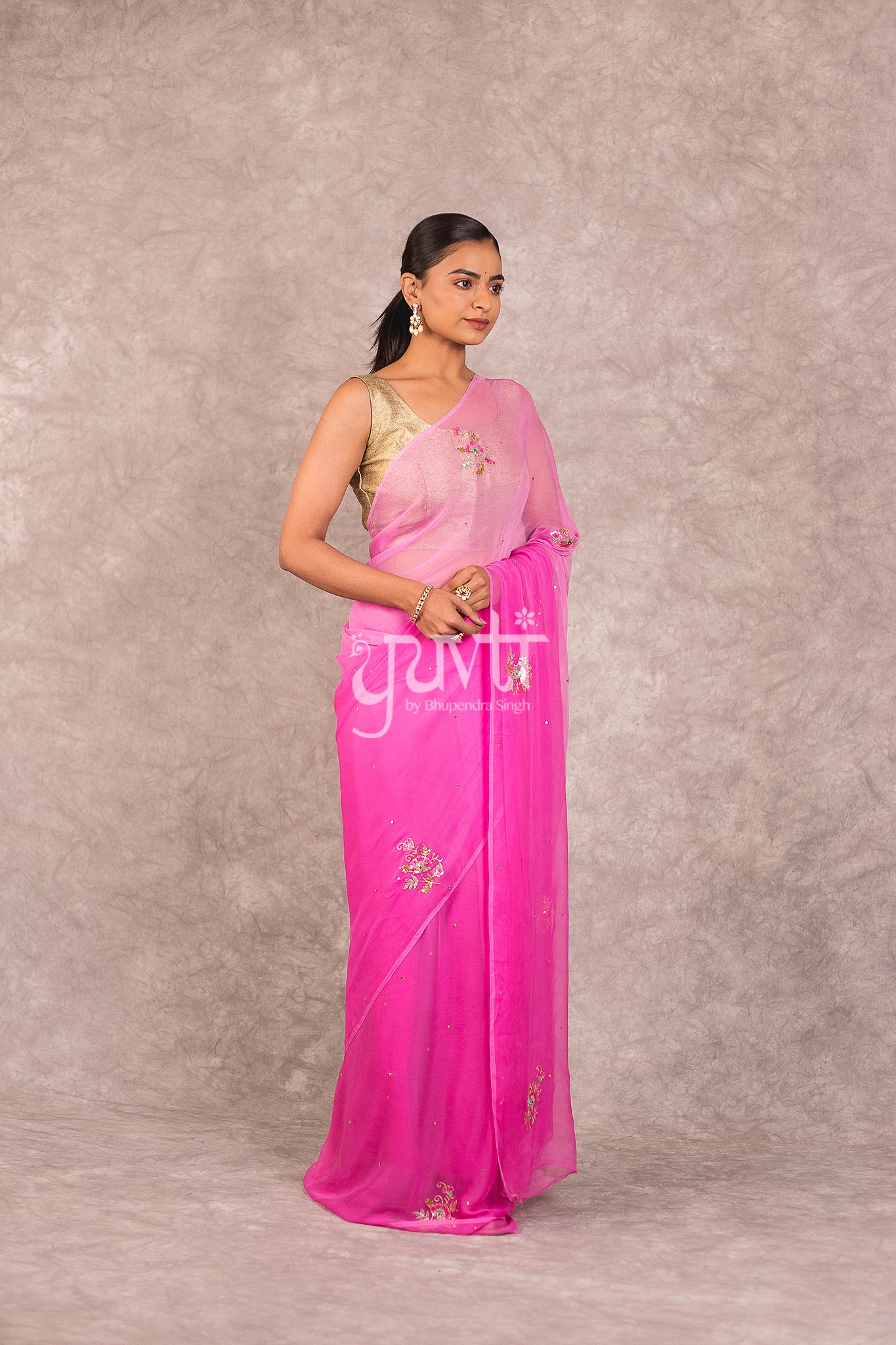 Pink Viscose Chiffon Shaded Aari Sequins Booti Work Saree