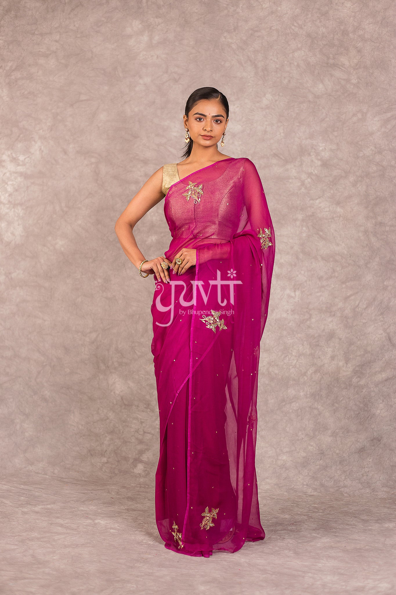 Wine Viscose Chiffon Aari Sequins Booti Work Saree