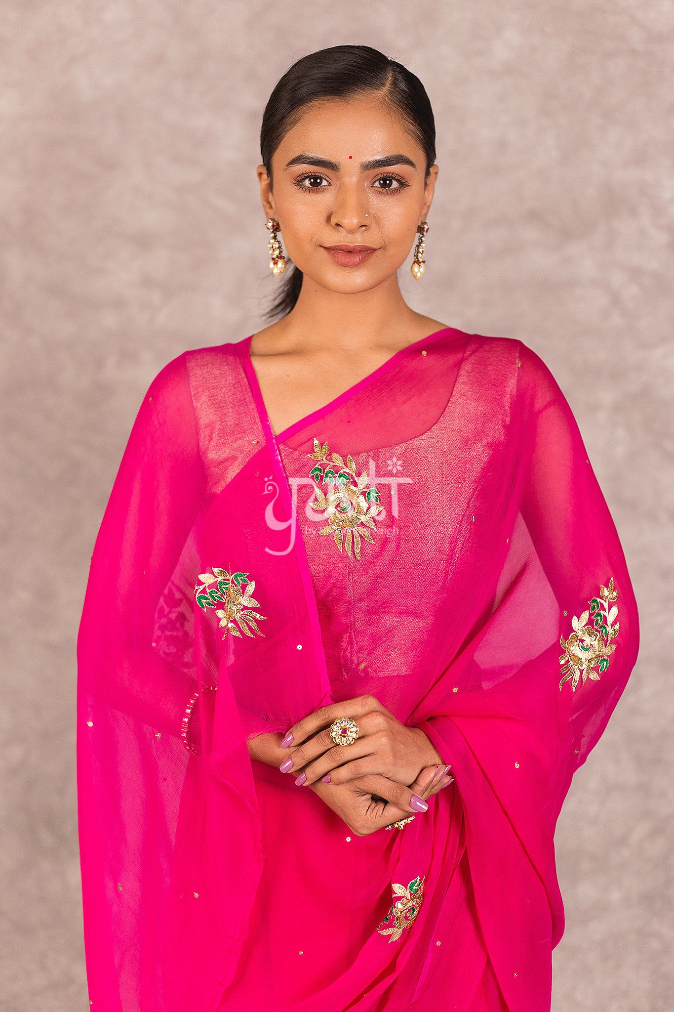 Pink Viscose Chiffon Aari Sequins Booti Work Saree