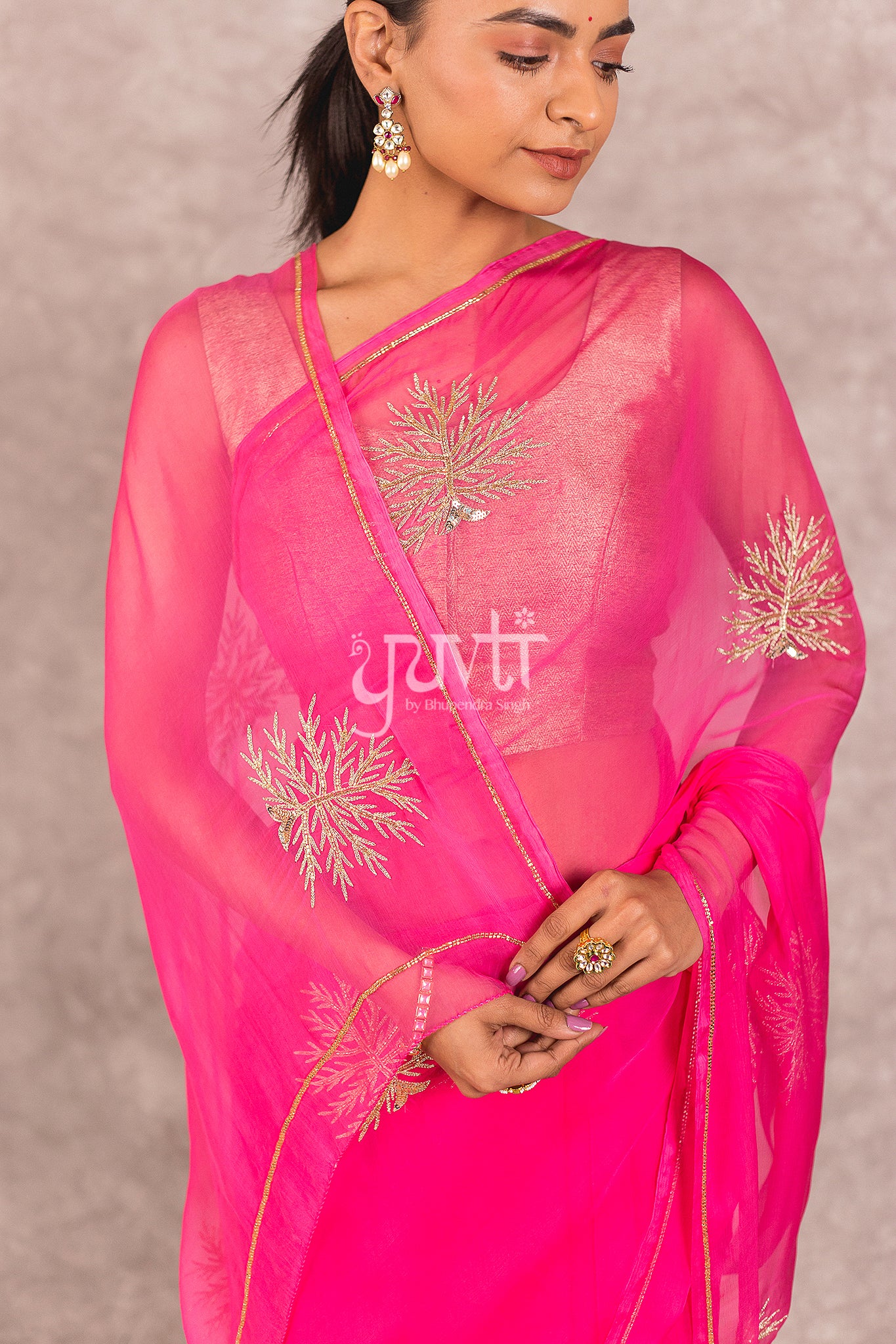 Pink Viscose Chiffon Aari Sequins Work Saree