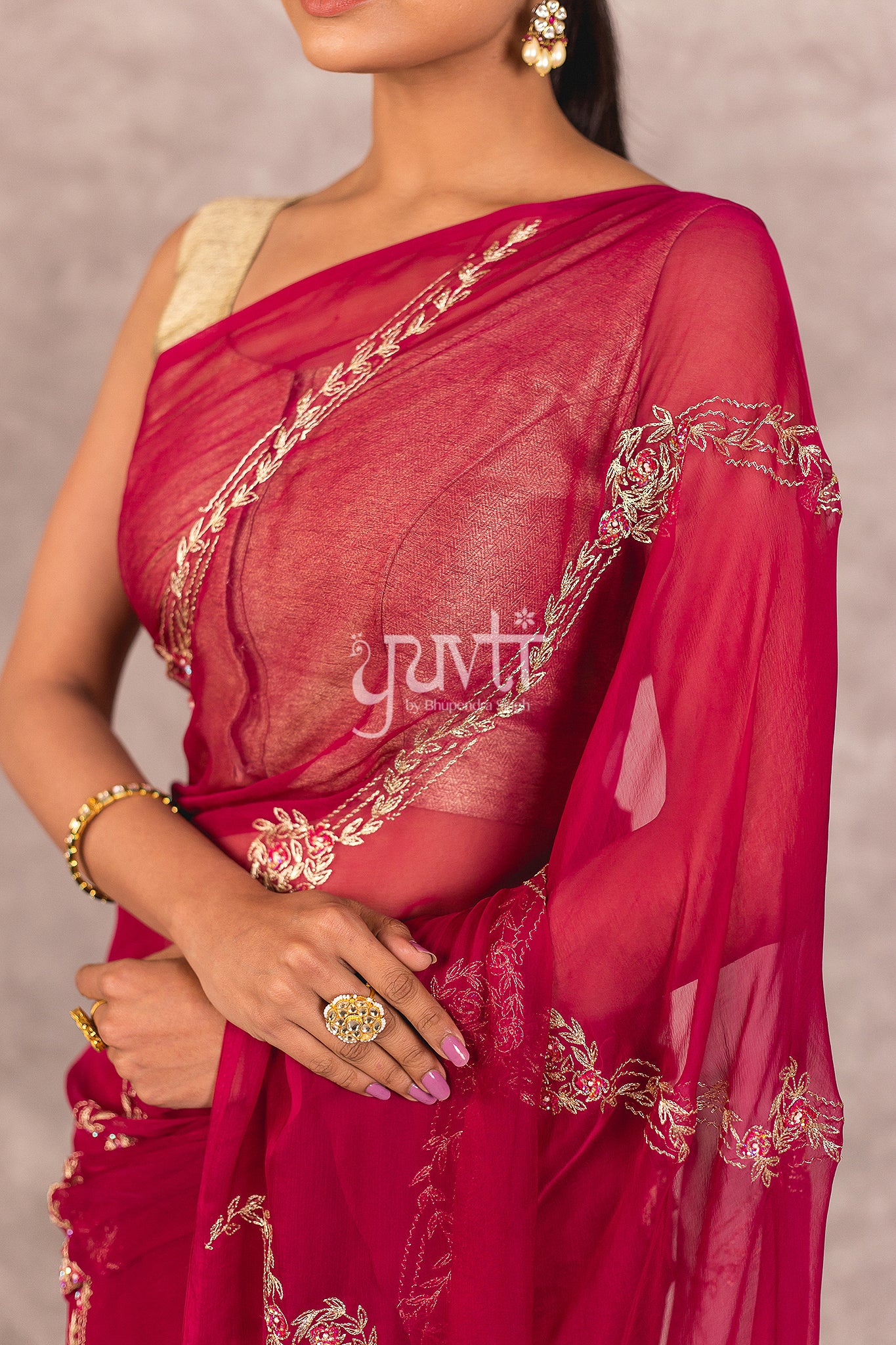 Wine Viscose Chiffon Aari Resham Work