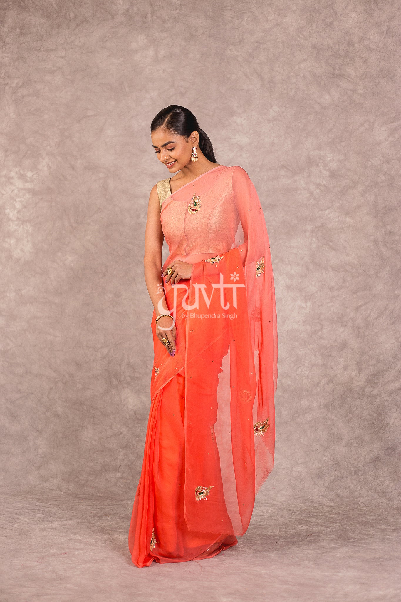 Peach Viscose Chiffon Shaded Aari Sequins Booti Work Saree