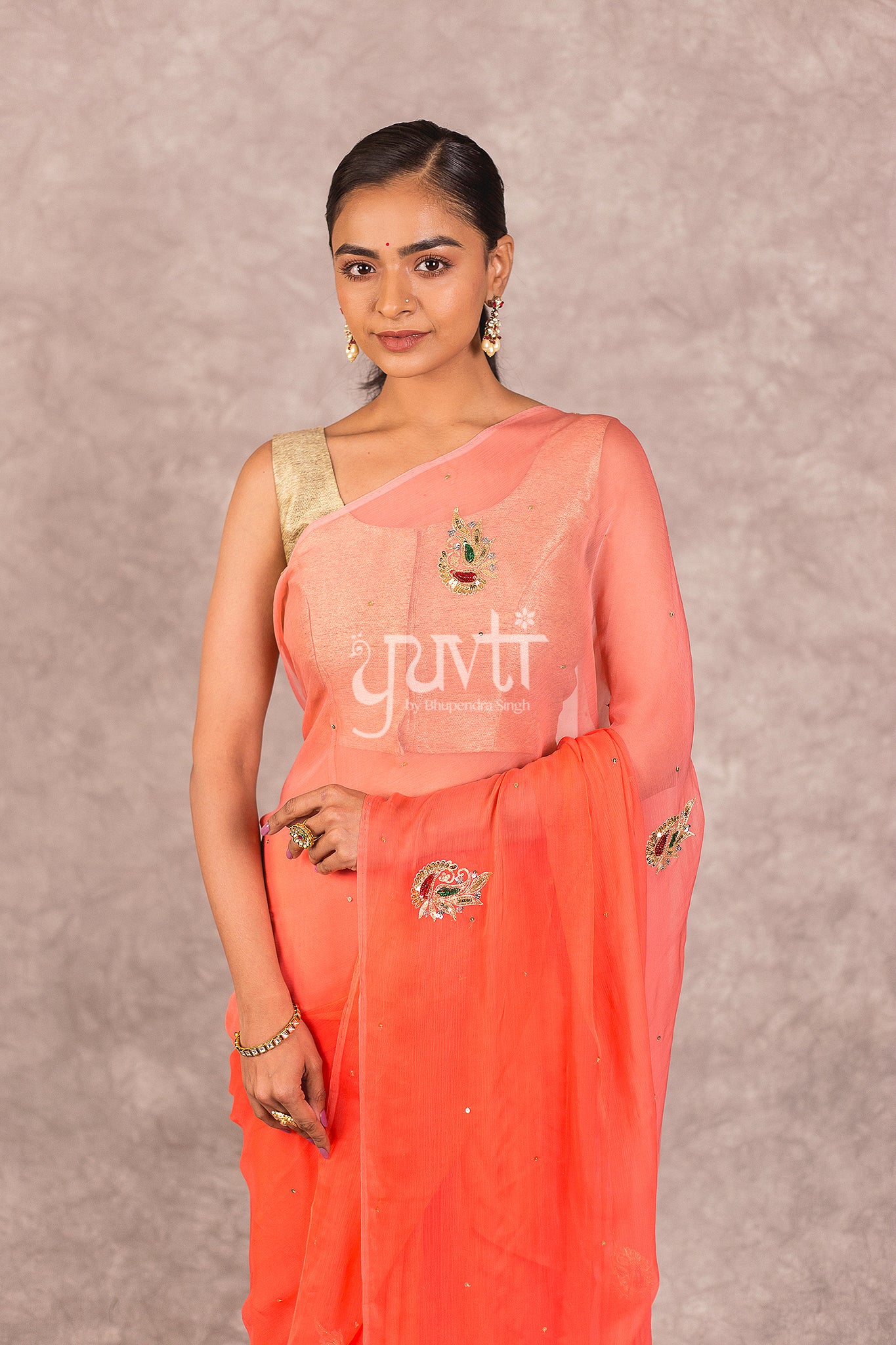 Peach Viscose Chiffon Shaded Aari Sequins Booti Work Saree
