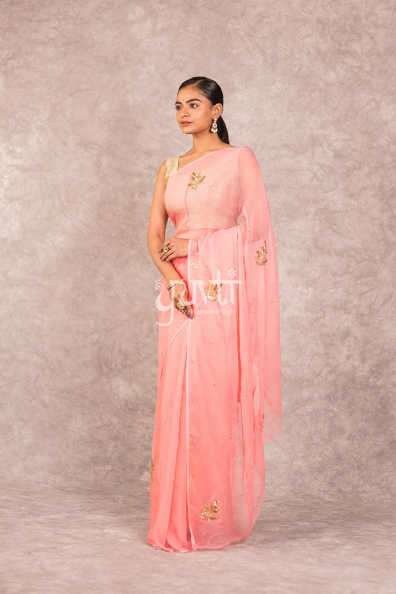 Peach Viscose Chiffon Aari Sequins Booti Work Saree