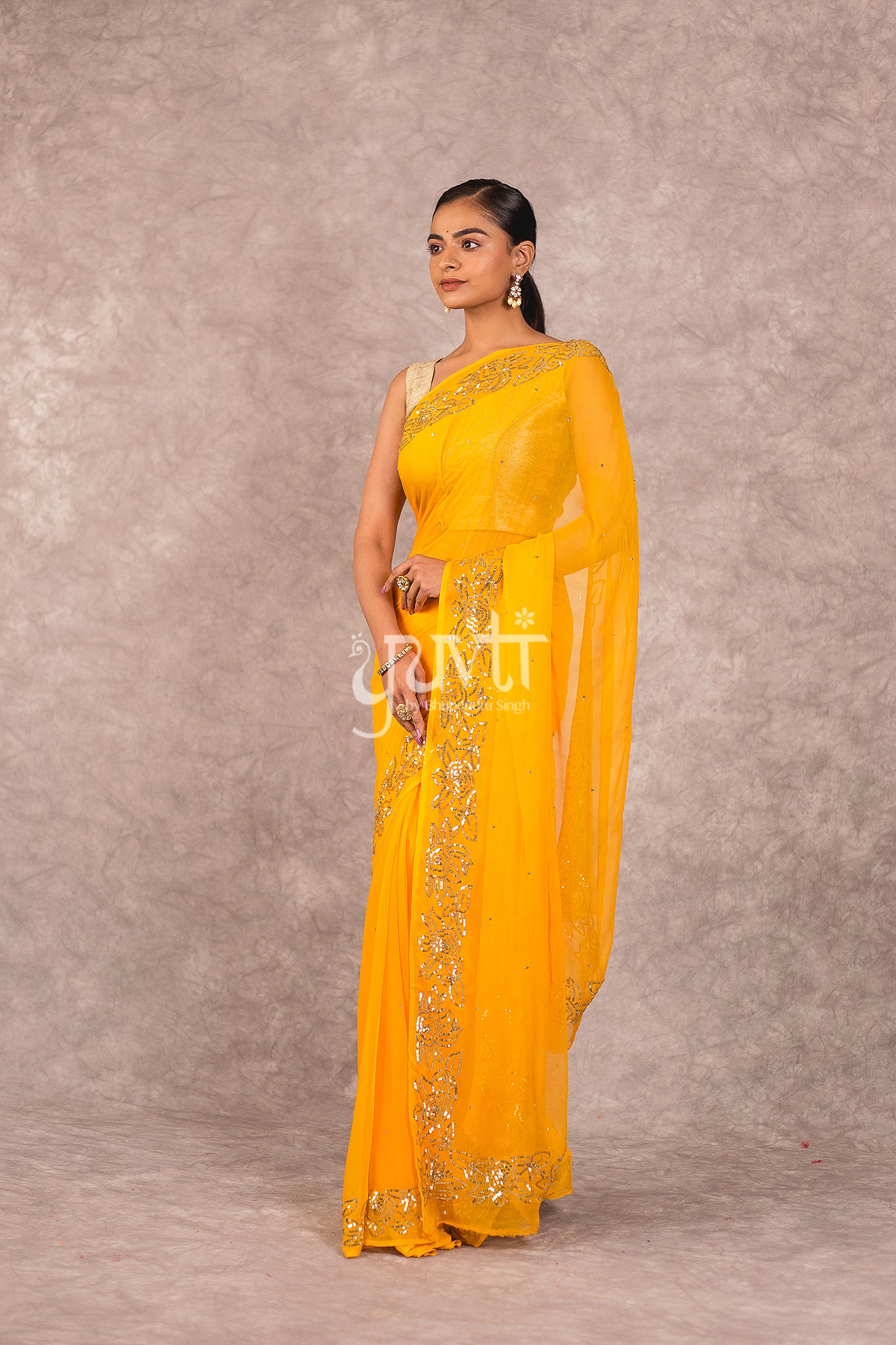 Yellow Viscose Chiffon Sequins Work Saree