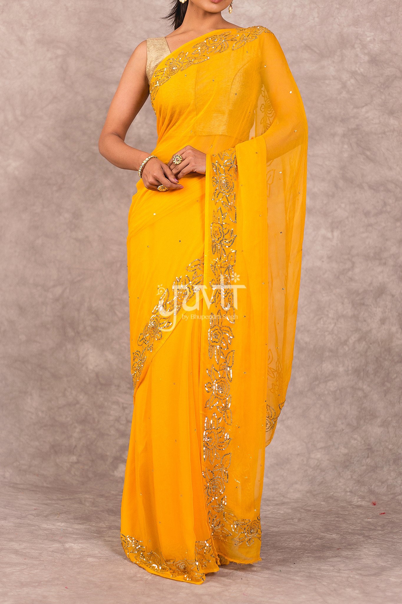Yellow Viscose Chiffon Sequins Work Saree