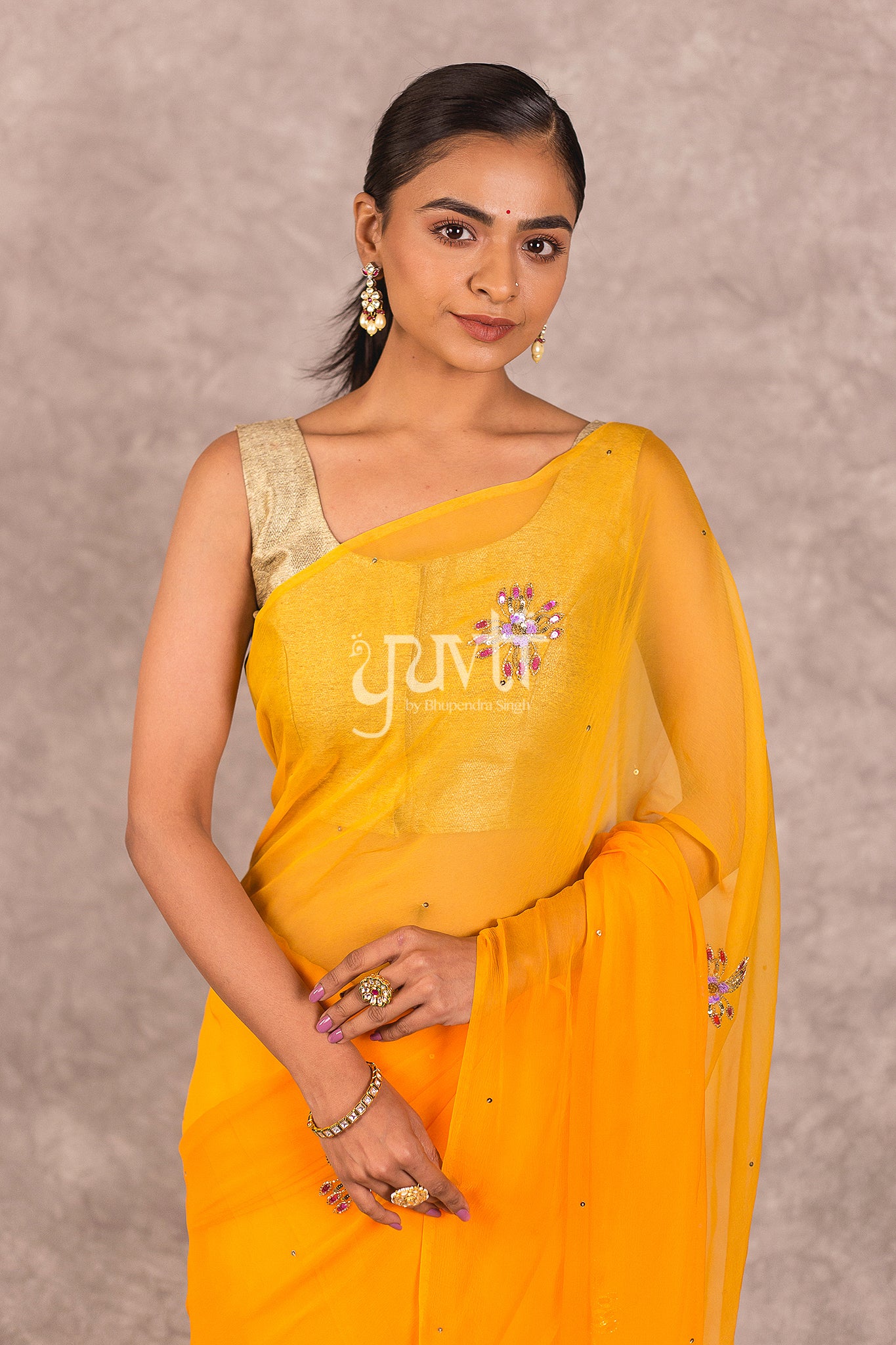 Yellow Viscose Chiffon Aari Sequins Booti Work Saree