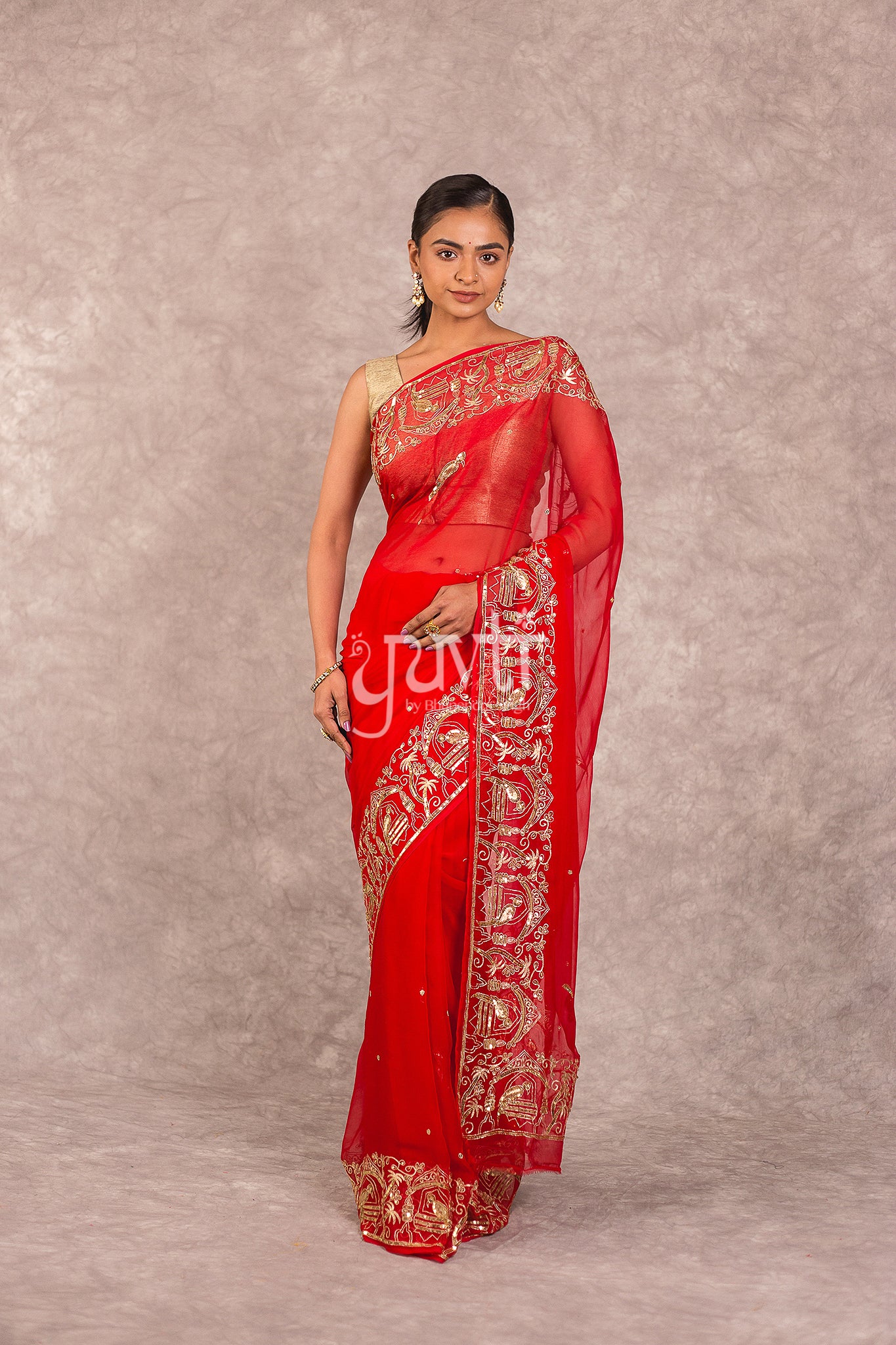 Red Chiffon Aari Sequins Work Saree