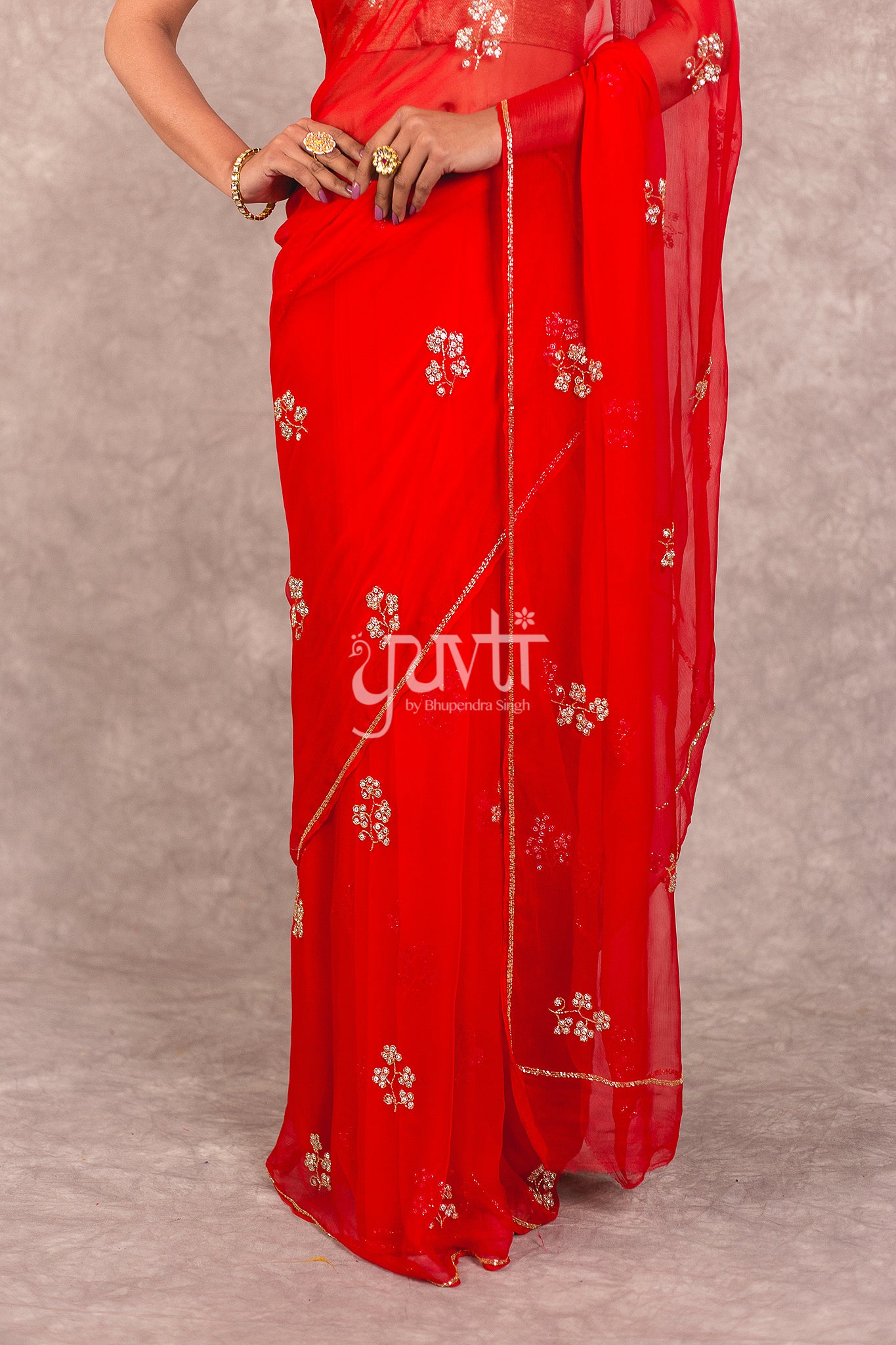 Red Viscose Chiffon Kardhana Sequins Saree