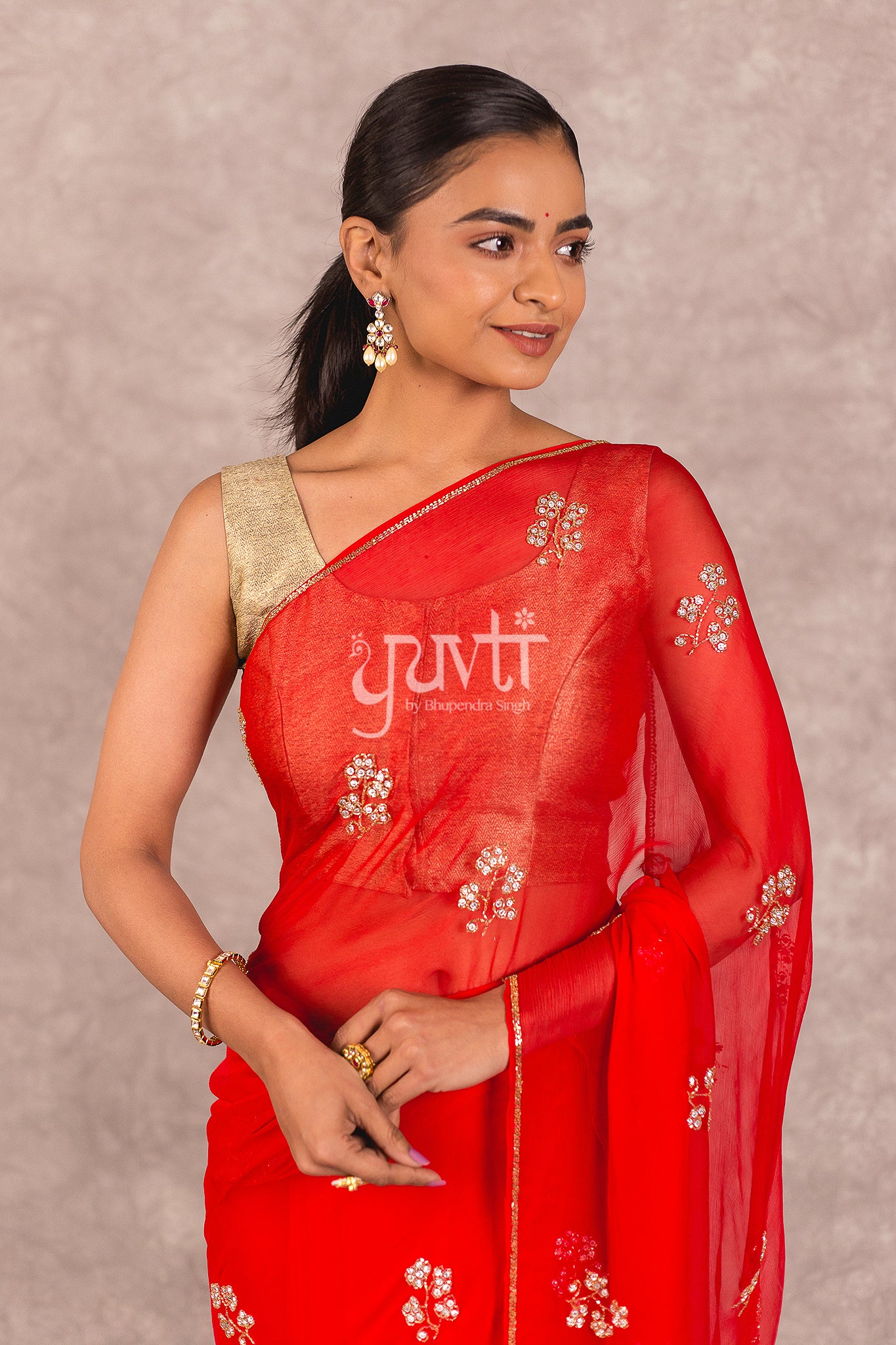 Red Viscose Chiffon Kardhana Sequins Saree