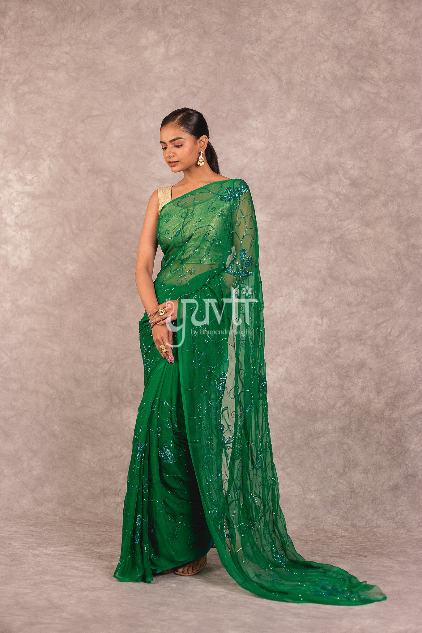 Green Viscose Chiffon Katori Taari Work Saree