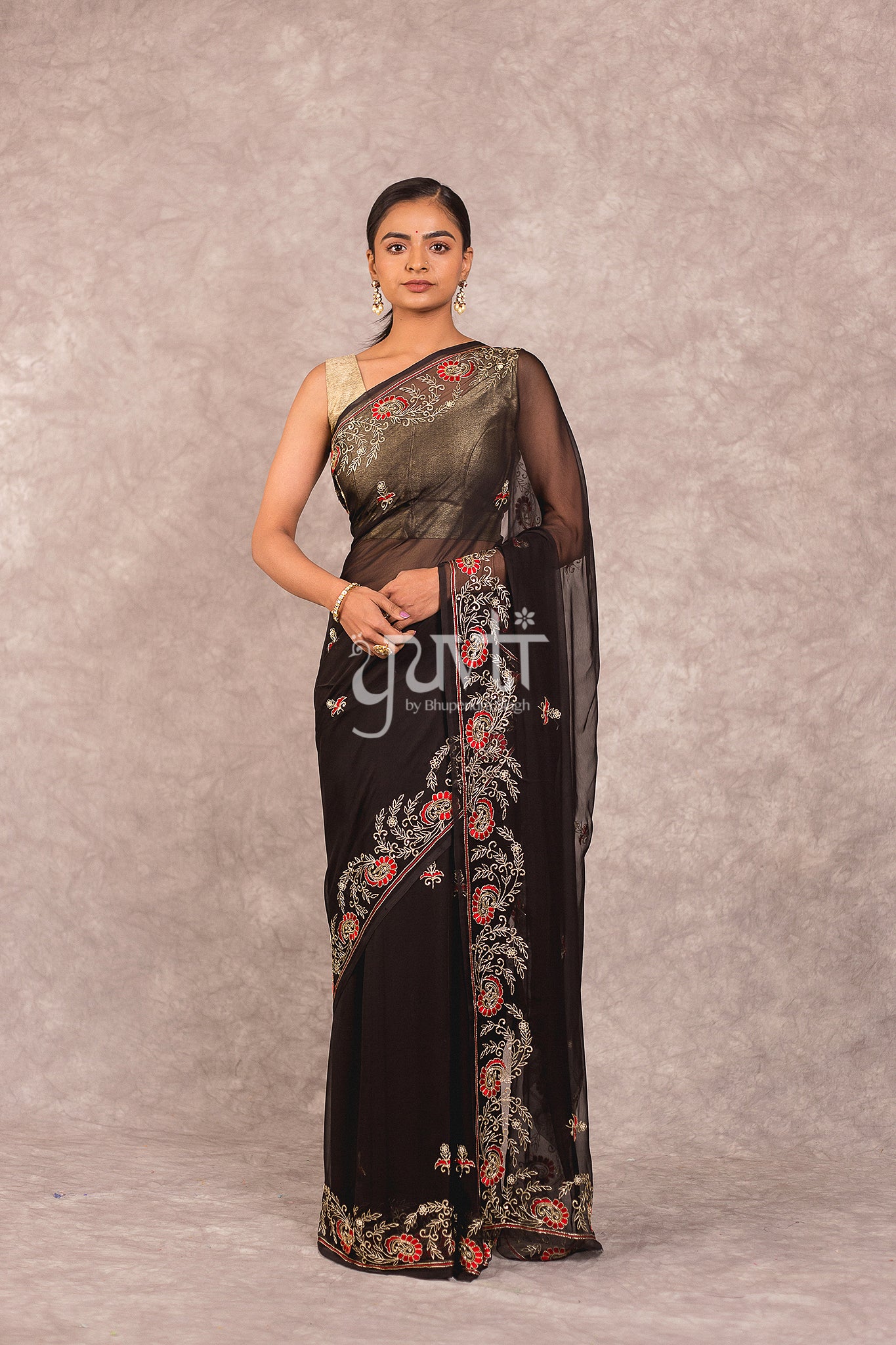 Black Viscose Chiffon Aari Resham Work Saree