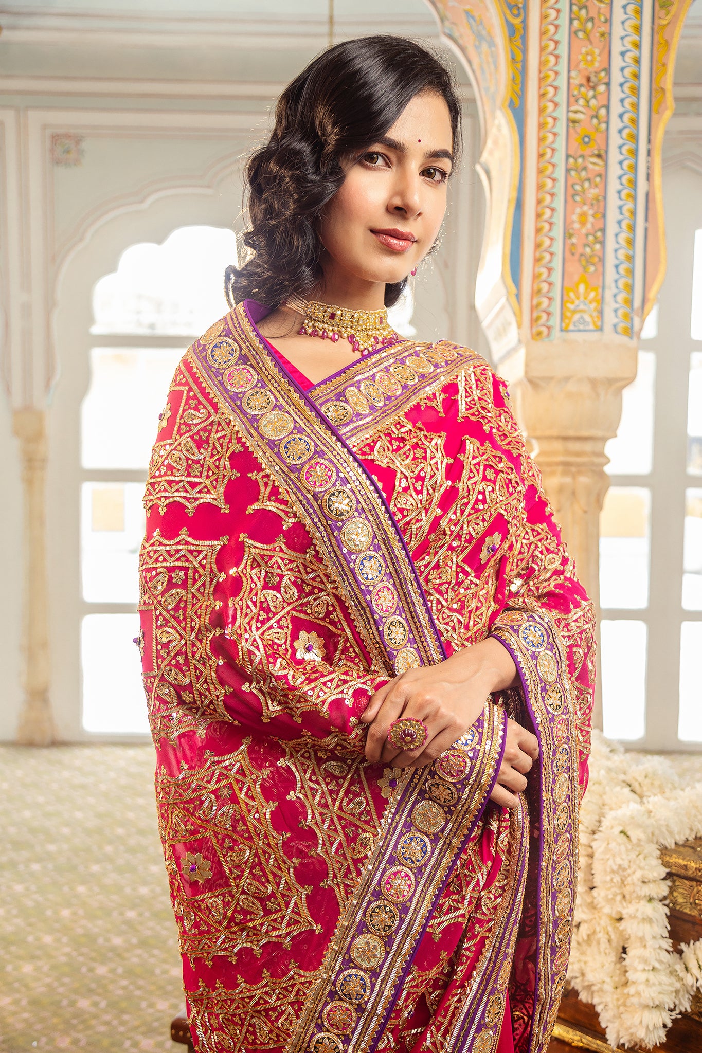 Rani Pure Georgette German Sikhiya Handwork  Saree