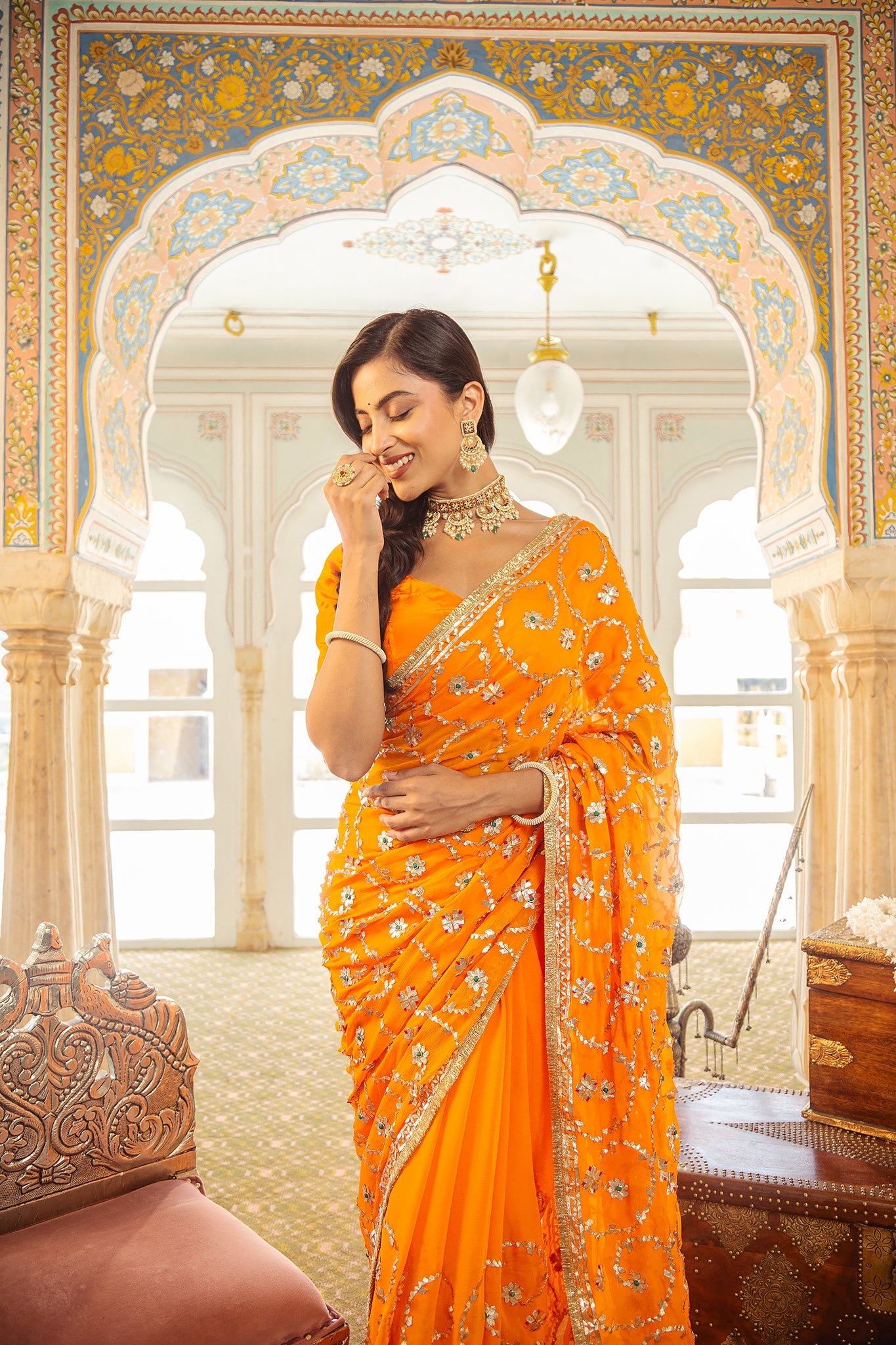 Yellow Kesariya Pure Chiffon Gota Patti Jaal  Handwork Saree