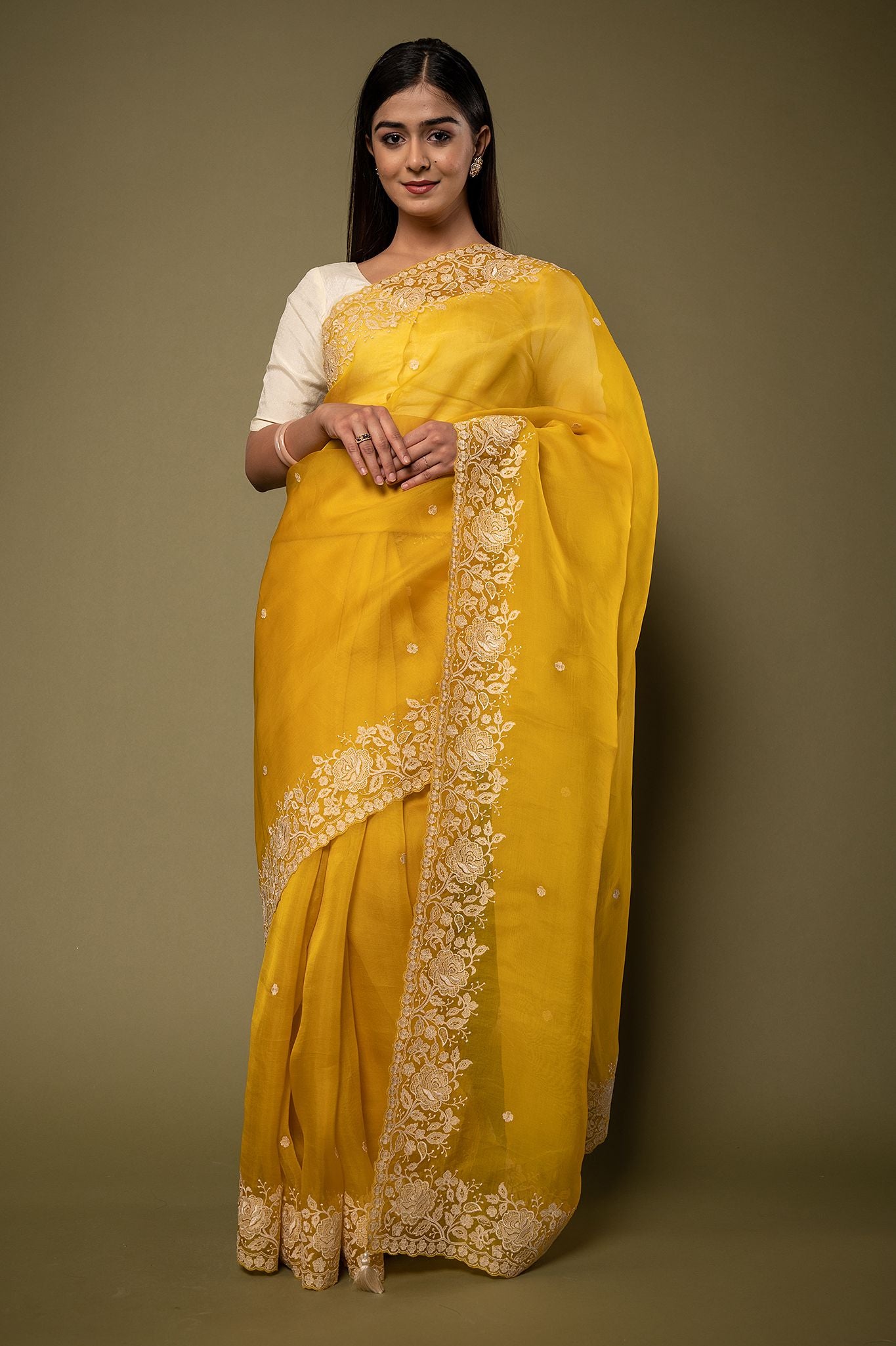 Yellow Organza  resham border butti handwork saree