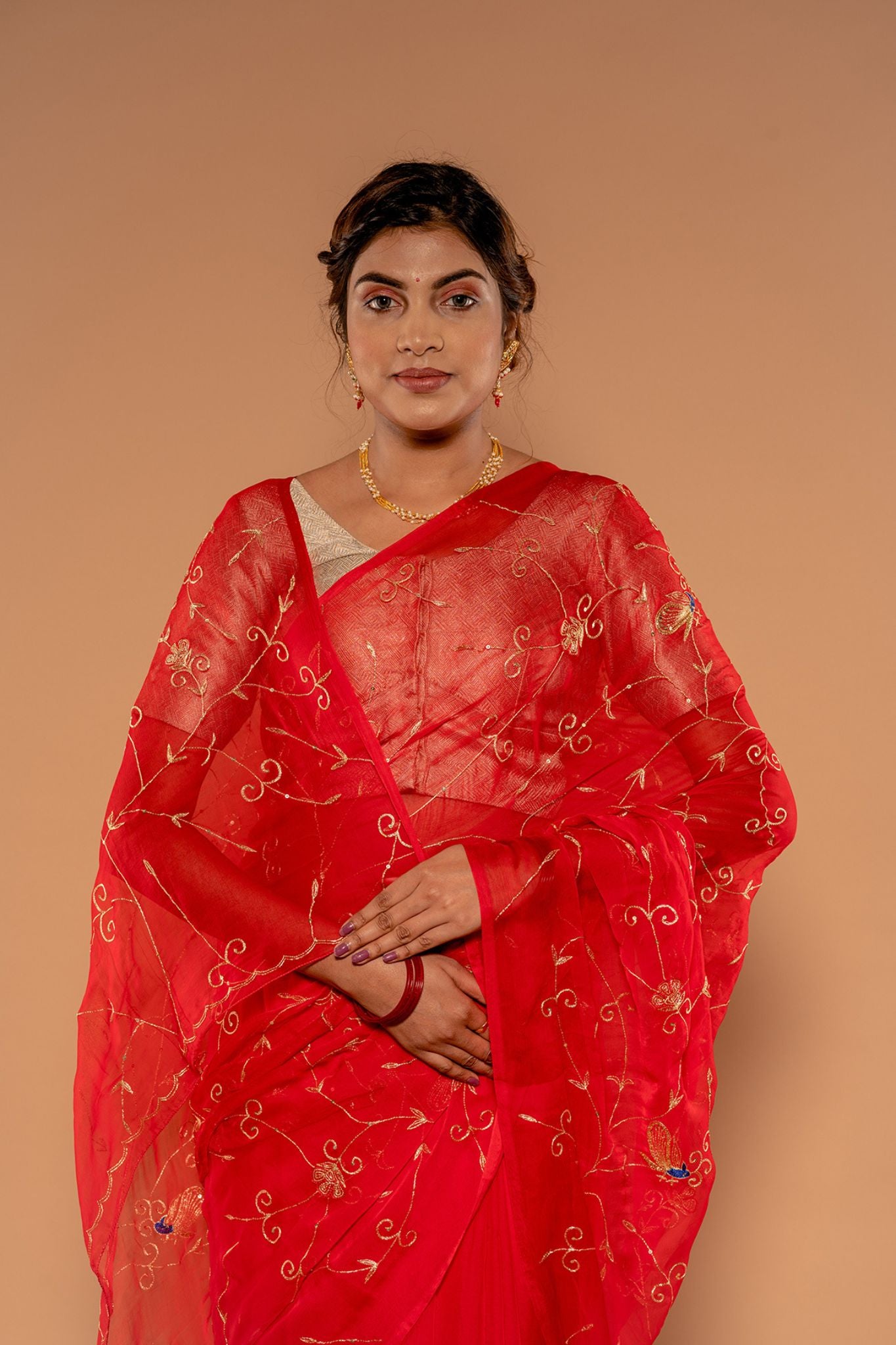 Red Viscose Chiffon aari sequins  jaal Handwork  Saree