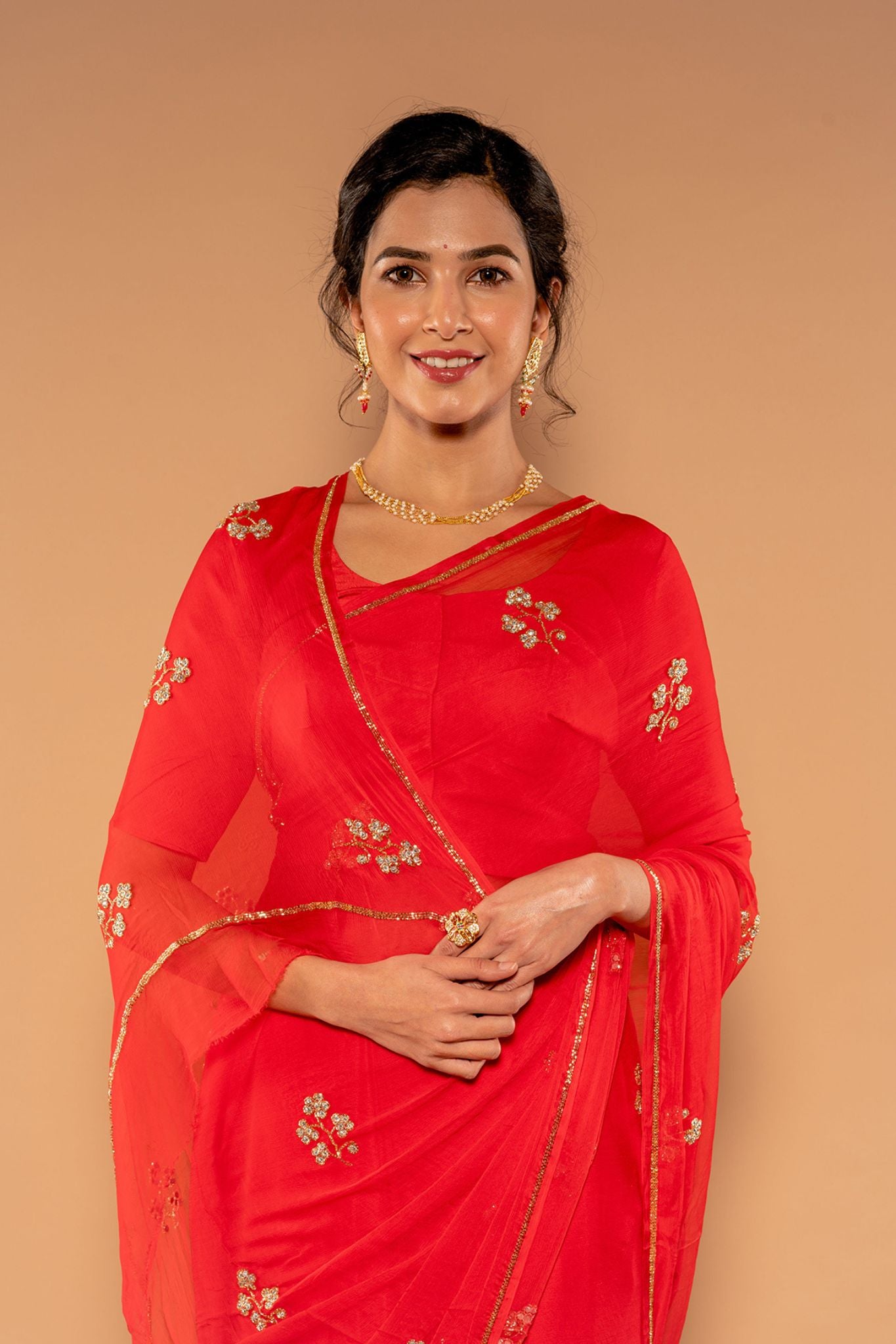 Red Viscose Chiffon Kardana sequins Handwork  Saree