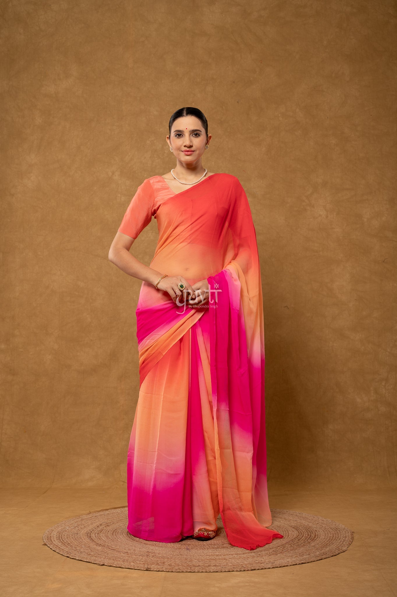 Red Peach Rani Shaded Pure Chiffon  Hand-Dye  Saree  with Blouse