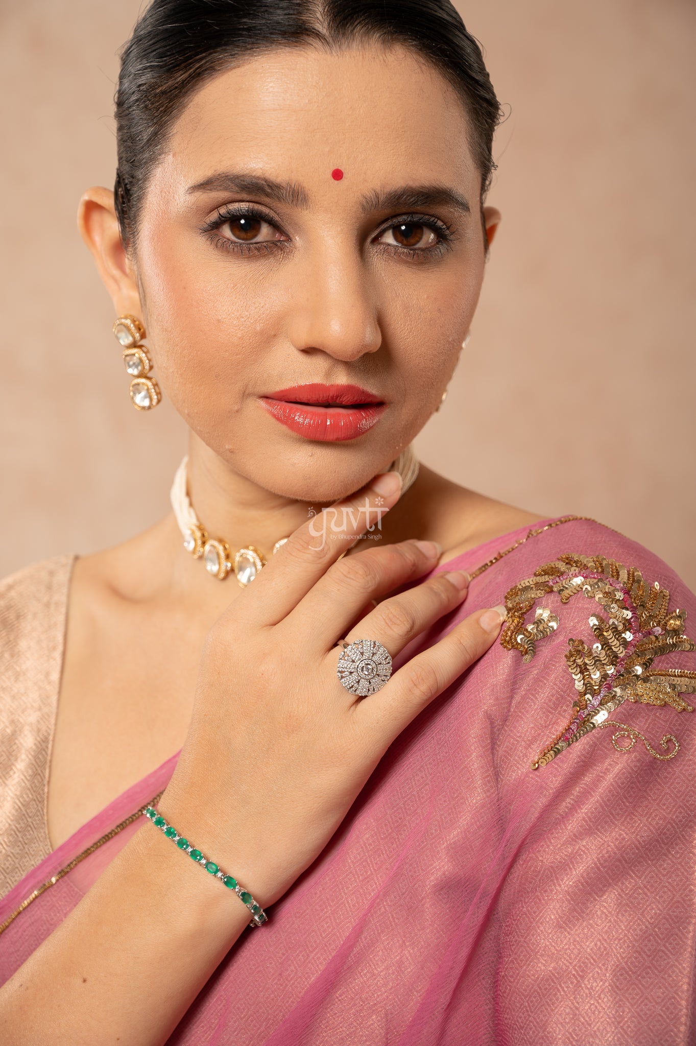 Rose Pink Viscose Chiffon Sequins Kardana Motifs ( Butti ) Handwork  Saree