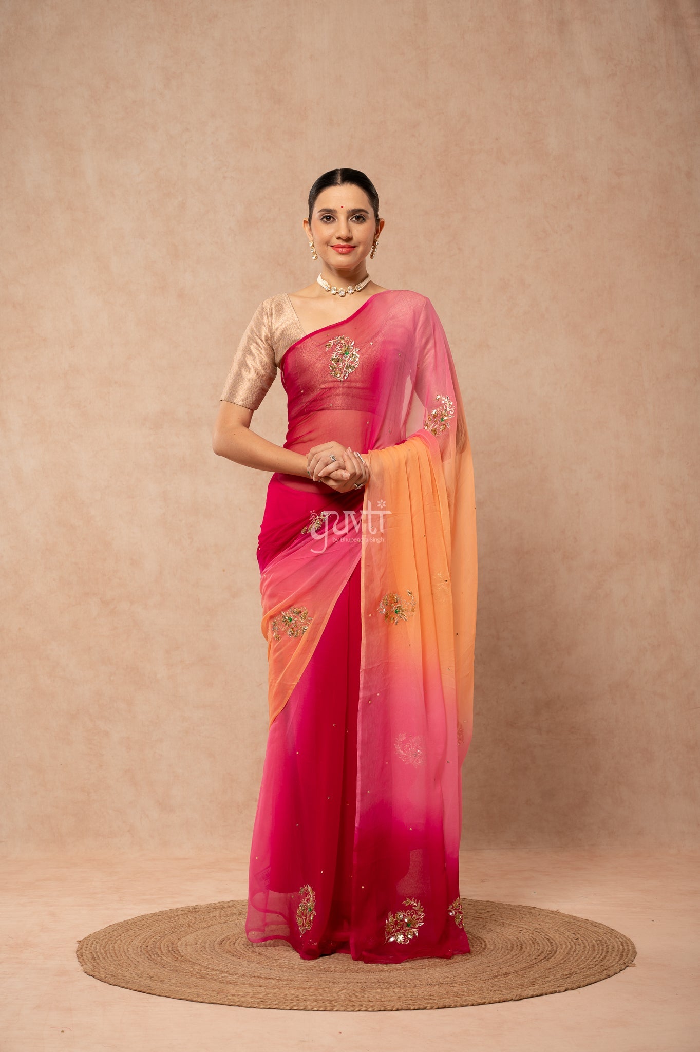 Wine Pink Peach Multi Viscose Chiffon Aari Sequins Motifs ( Butti ) Handwork  Saree