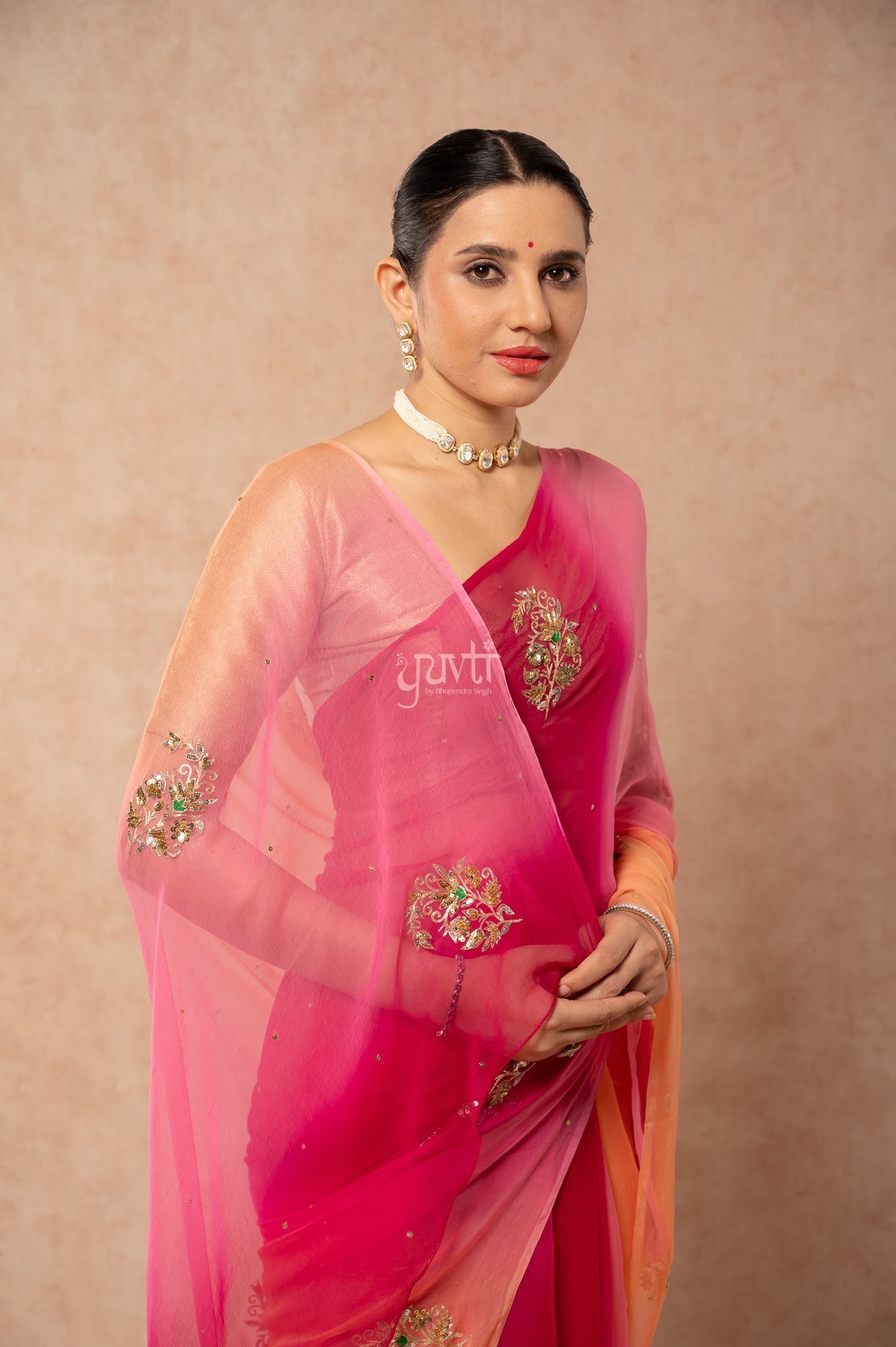 Wine Pink Peach Multi Viscose Chiffon Aari Sequins Motifs ( Butti ) Handwork  Saree