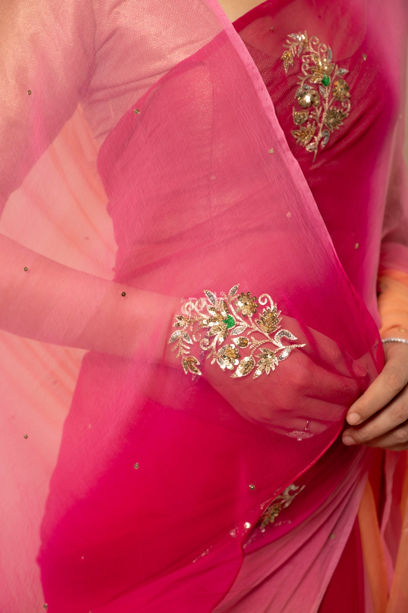 Wine Pink Peach Multi Viscose Chiffon Aari Sequins Motifs ( Butti ) Handwork  Saree