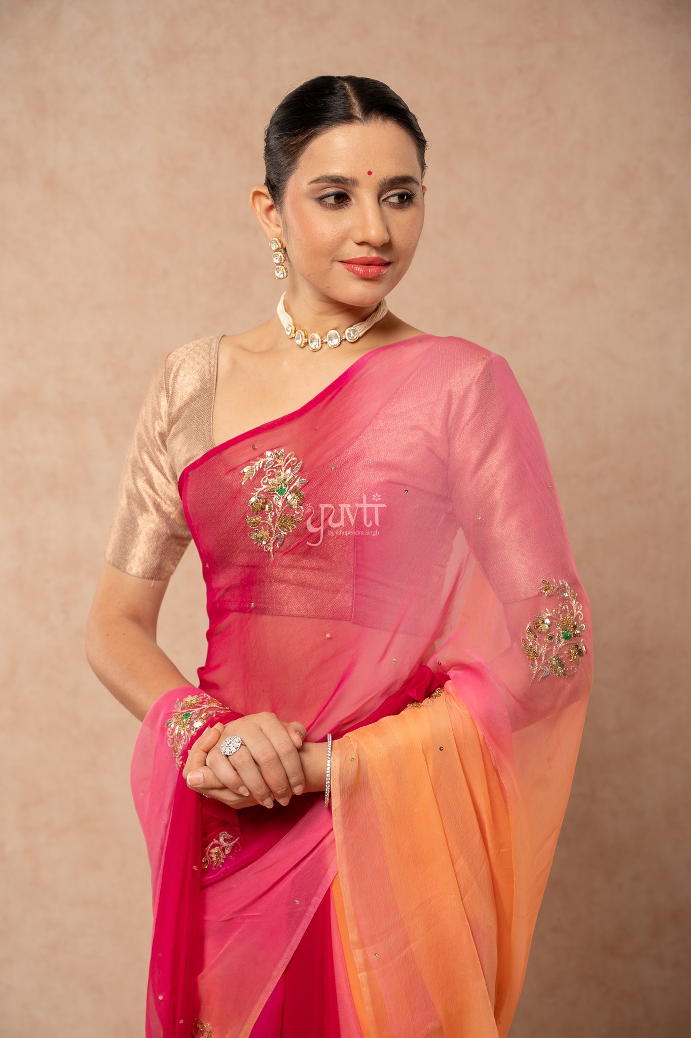 Wine Pink Peach Multi Viscose Chiffon Aari Sequins Motifs ( Butti ) Handwork  Saree