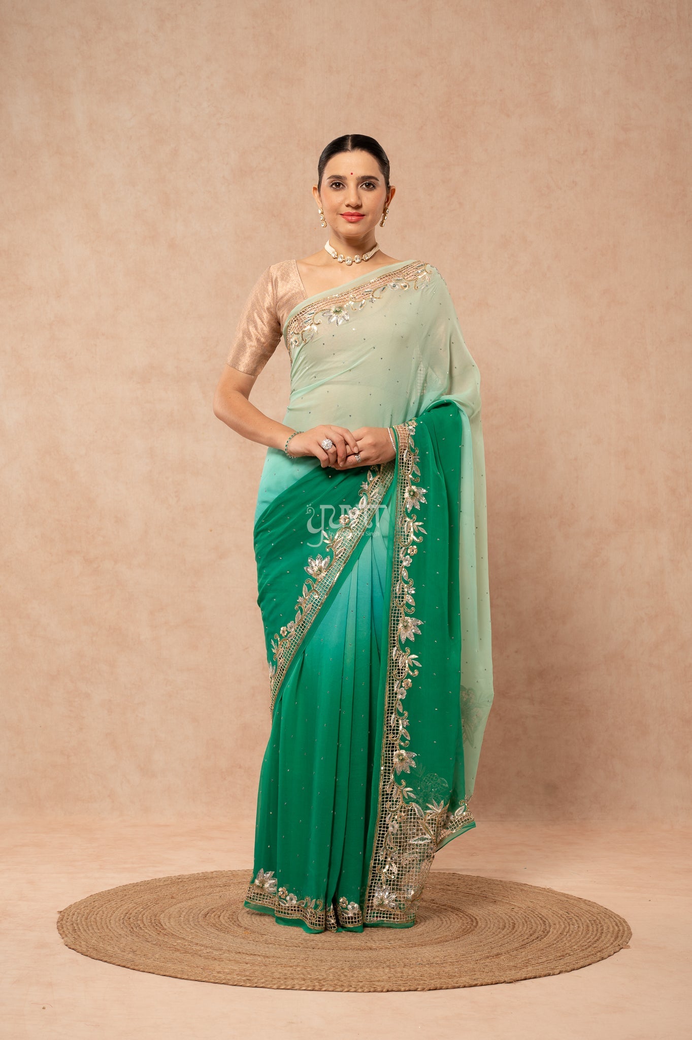 Green Shaded Viscose Chiffon Aari Sequins Cutwork Border Butti Handwork Party  Saree