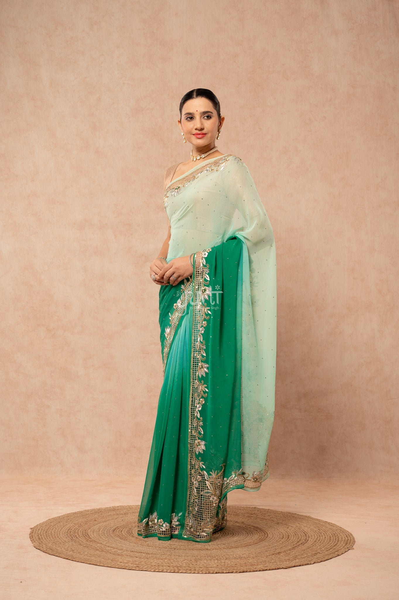 Green Shaded Viscose Chiffon Aari Sequins Cutwork Border Butti Handwork Party  Saree