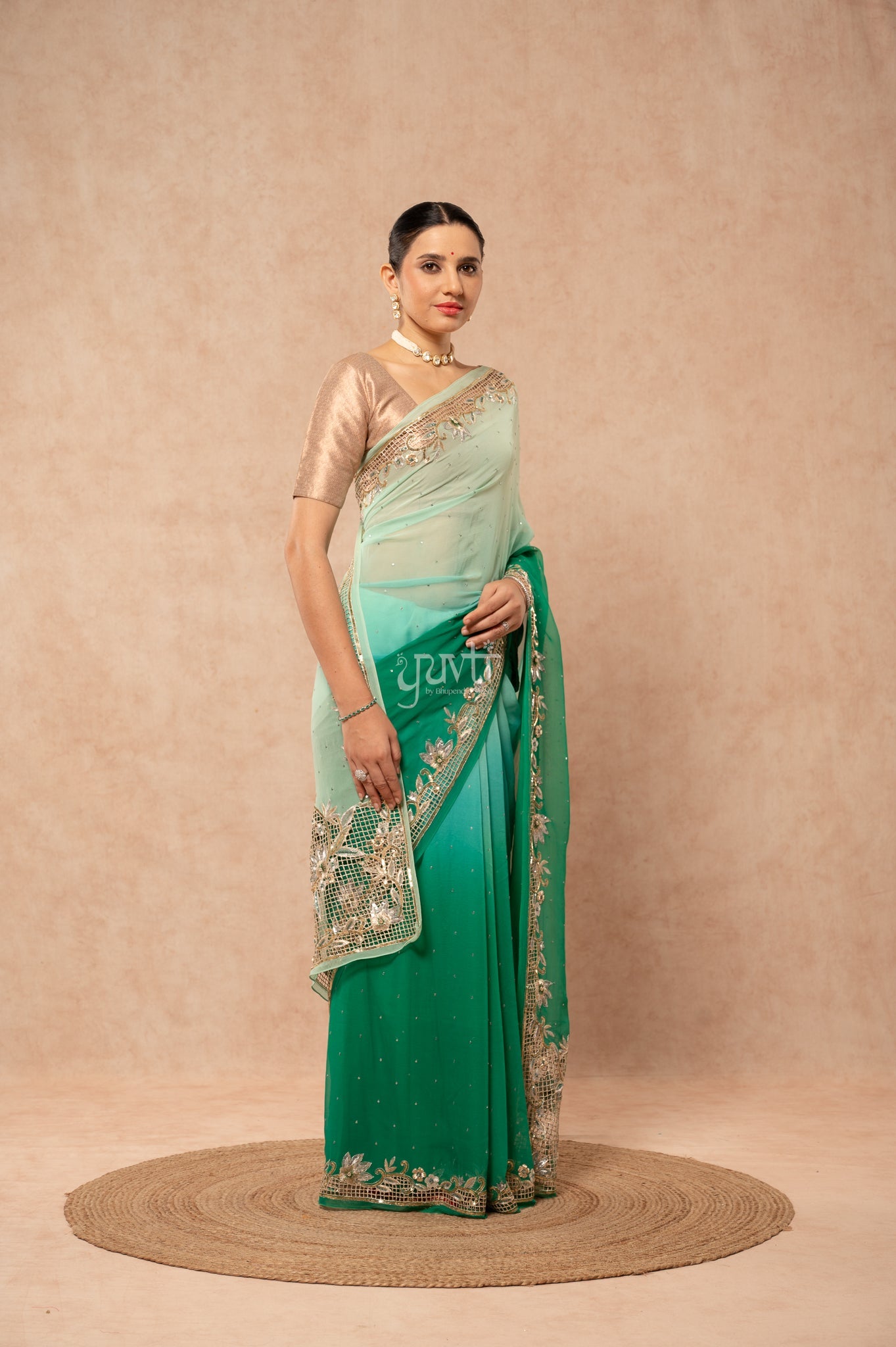 Green Shaded Viscose Chiffon Aari Sequins Cutwork Border Butti Handwork Party  Saree