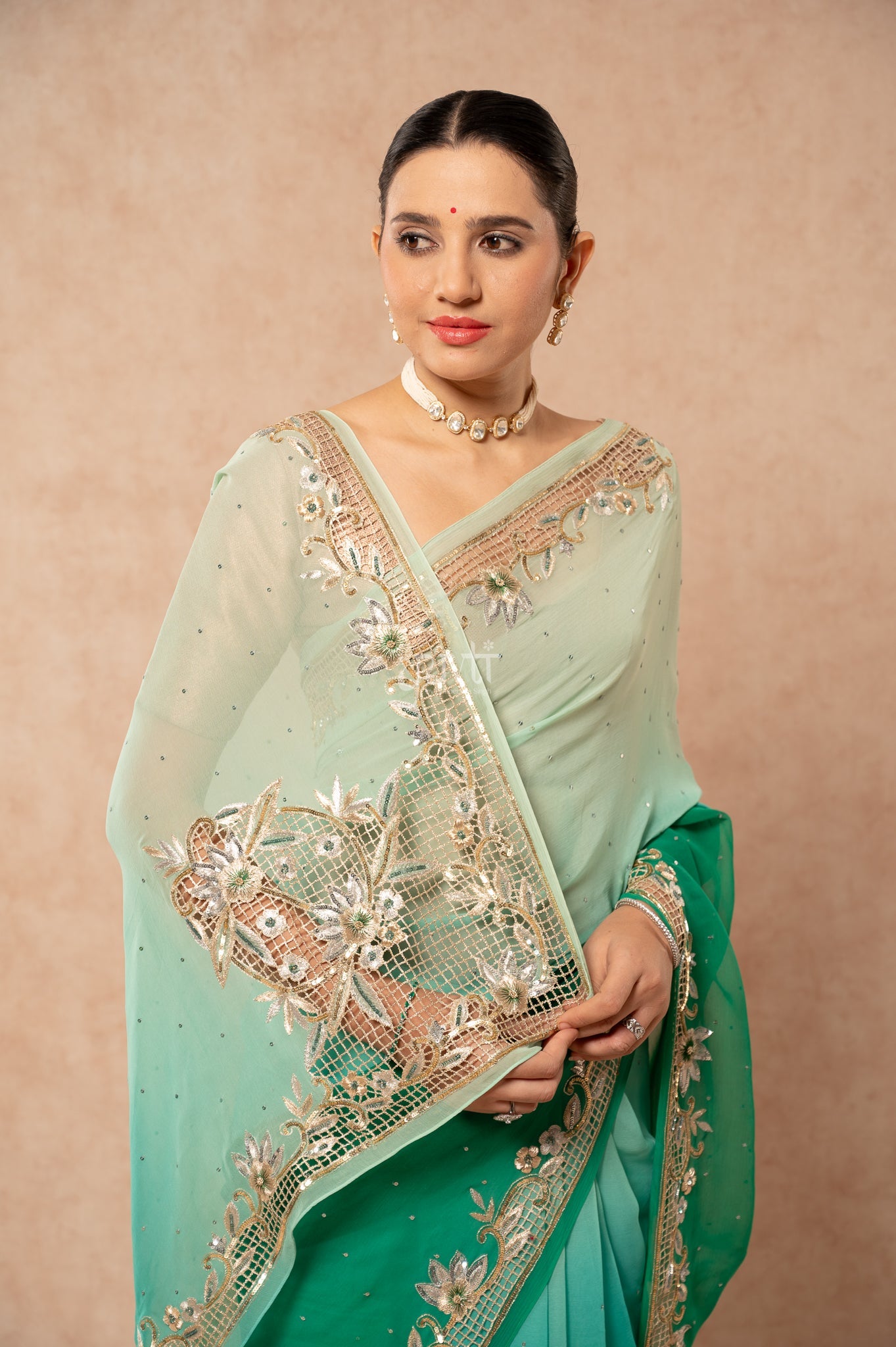 Green Shaded Viscose Chiffon Aari Sequins Cutwork Border Butti Handwork Party  Saree