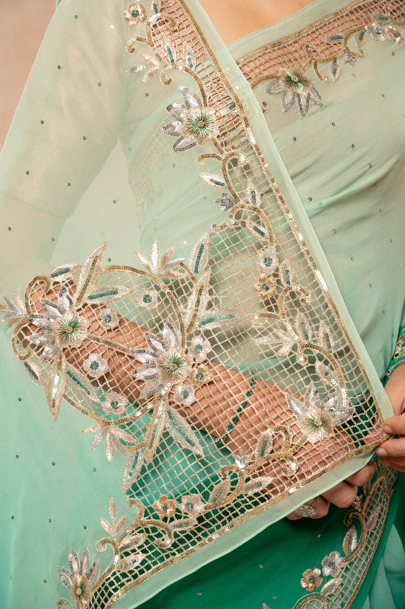 Green Shaded Viscose Chiffon Aari Sequins Cutwork Border Butti Handwork Party  Saree