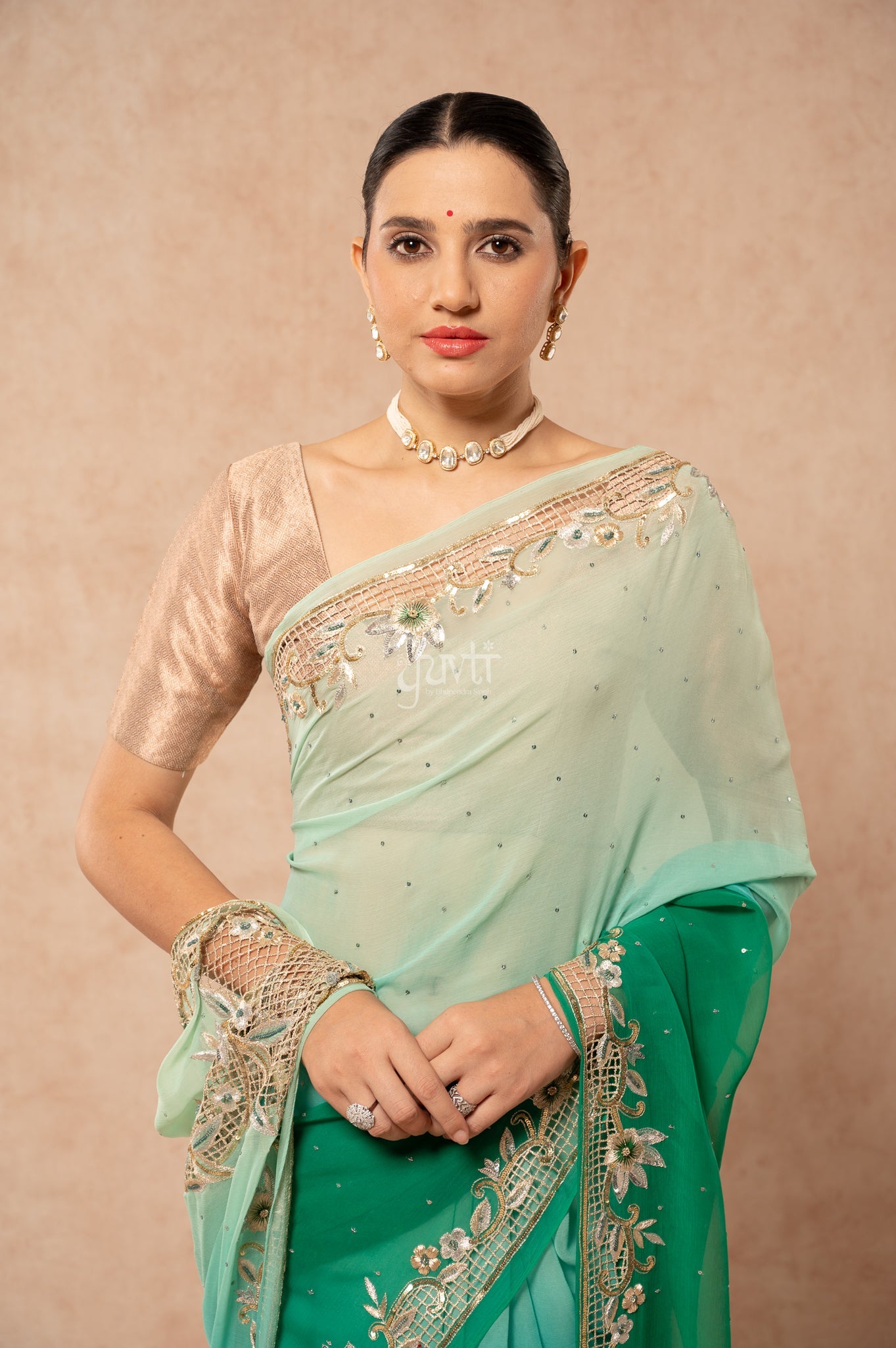 Green Shaded Viscose Chiffon Aari Sequins Cutwork Border Butti Handwork Party  Saree