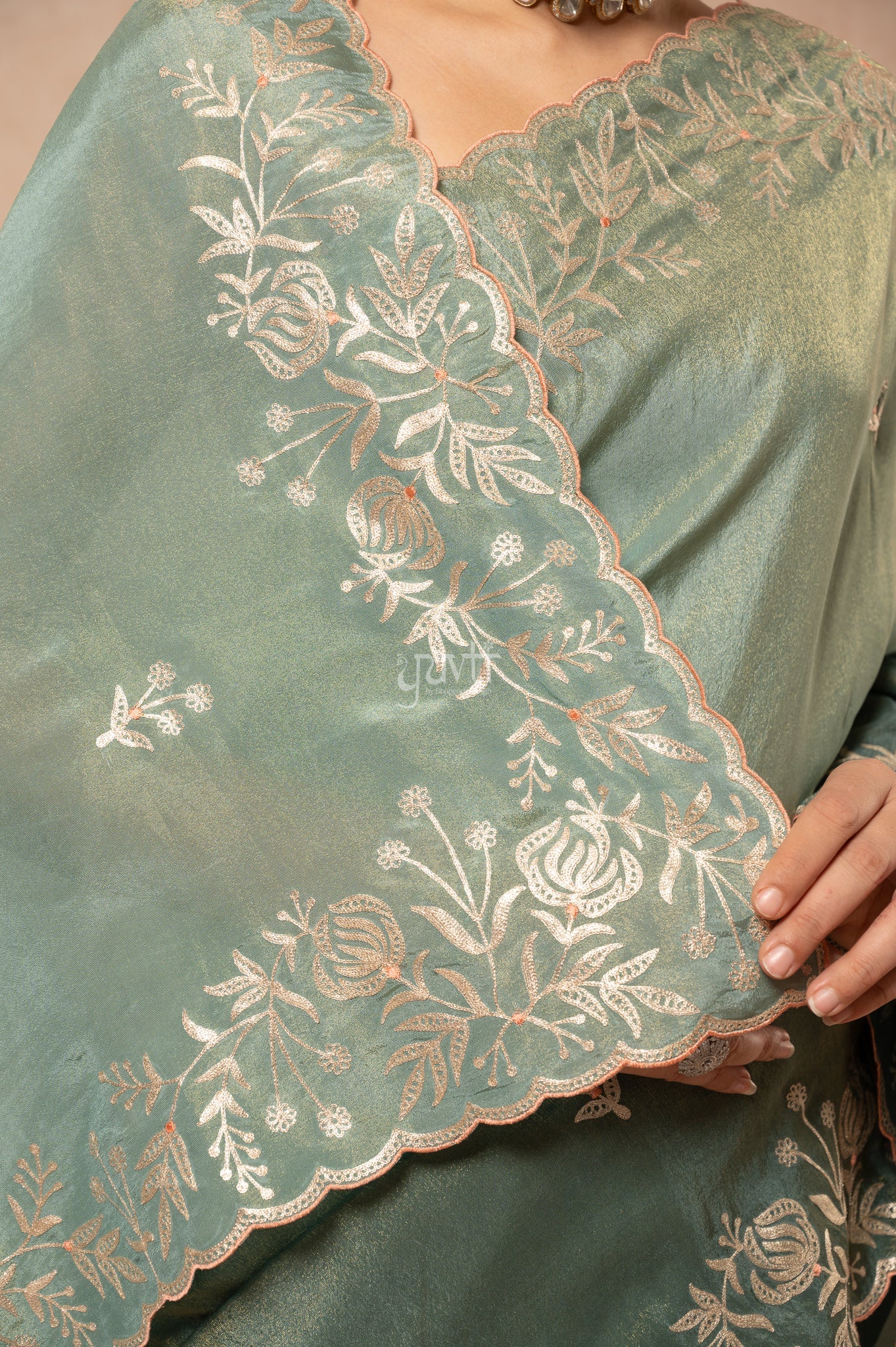 Mate Green Shaded Viscose Tissue Aari Border Motifs (Butti)   Saree